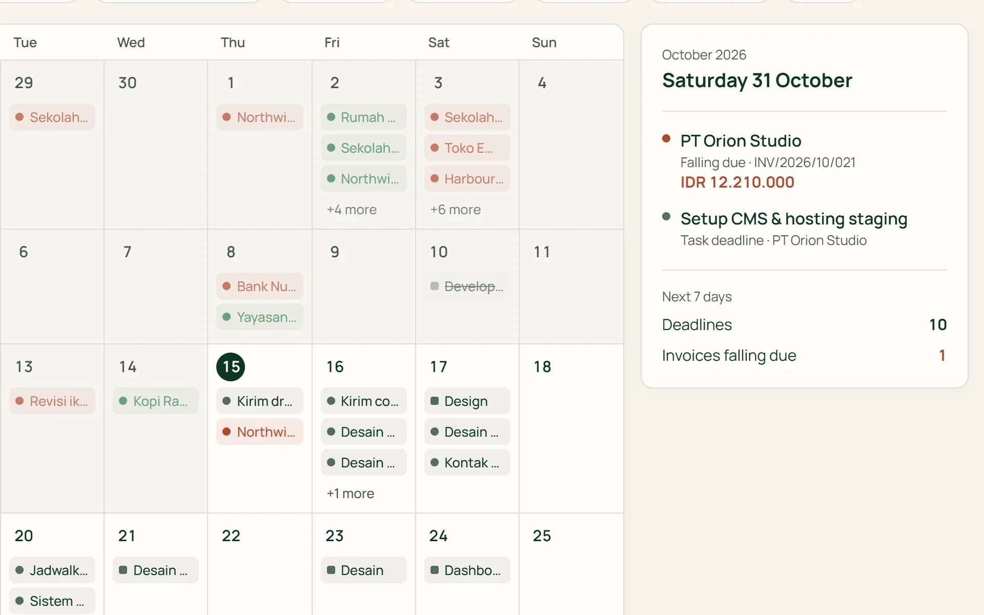 The monthly calendar in Tumra's Agenda with one day's details in a side panel.