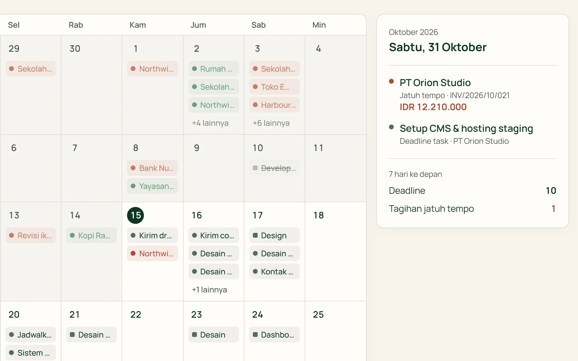 Kalender bulanan di Agenda Tumra dengan rincian satu hari di panel samping.