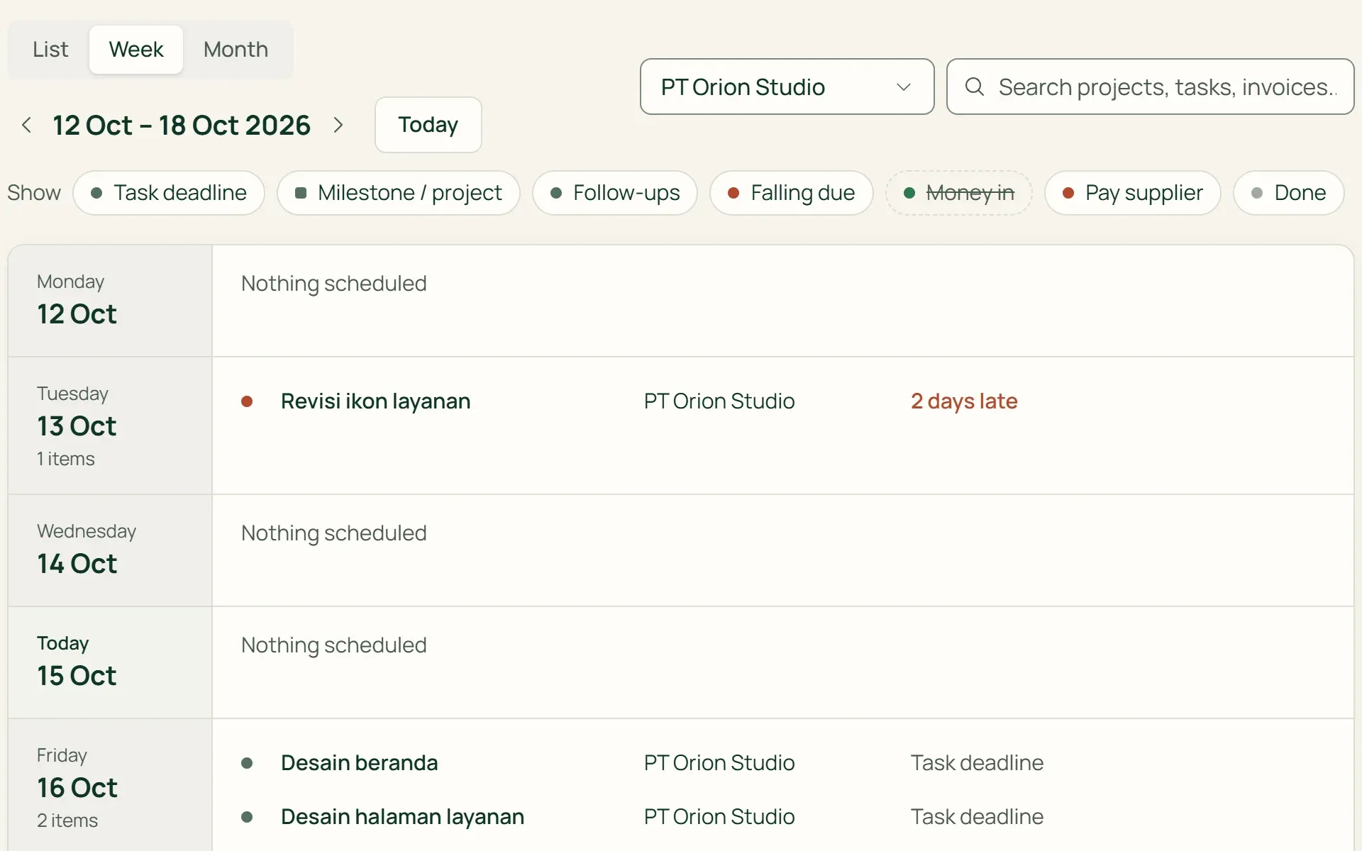 Tumra's weekly Agenda filtered to a single client.