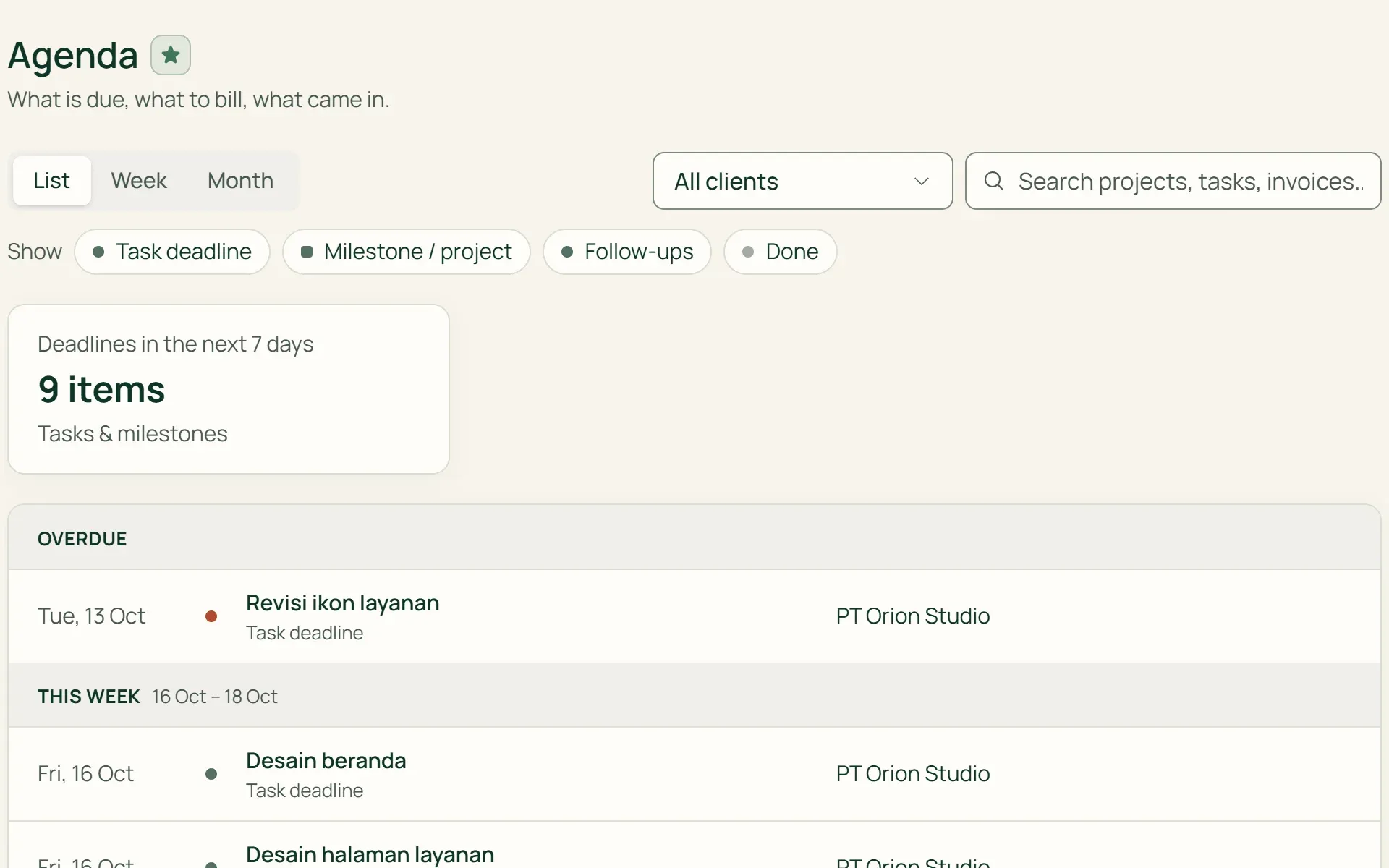 Tumra's Agenda for staff: only their project deadlines and their own follow-ups.