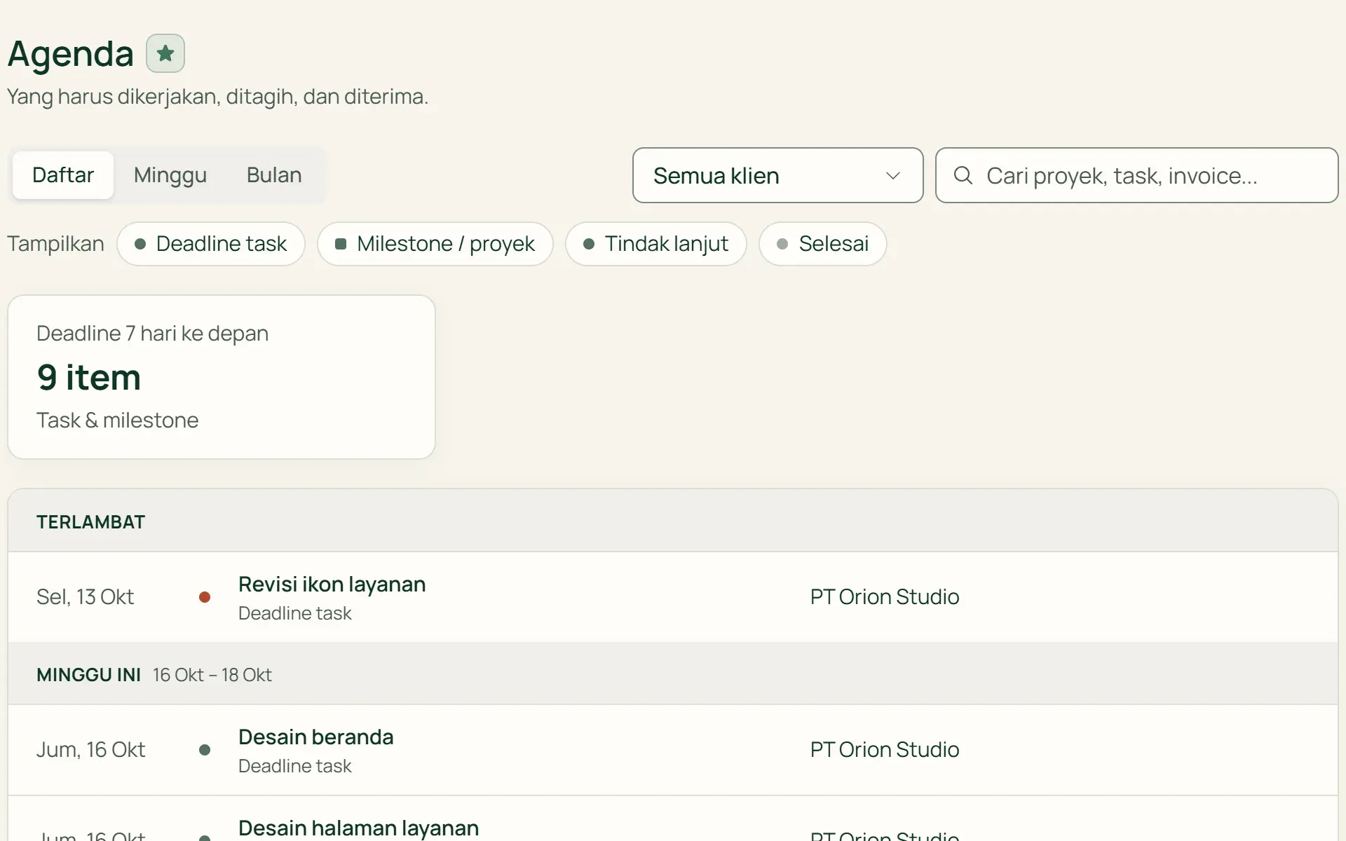 Agenda Tumra untuk staf: hanya deadline proyeknya dan tindak lanjutnya sendiri.