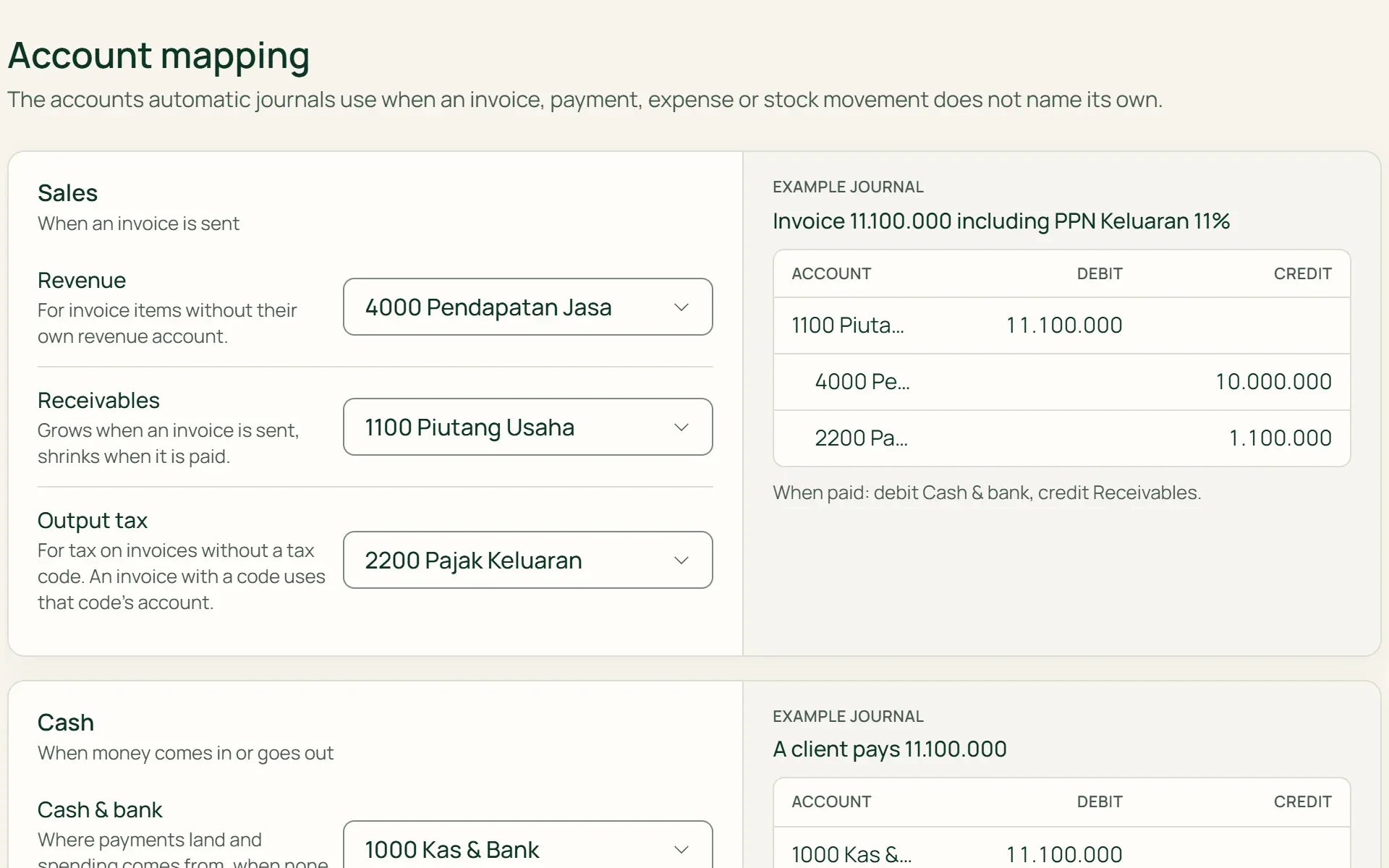 Account mapping in Tumra: revenue, receivable, and cash accounts, with an example invoice journal.