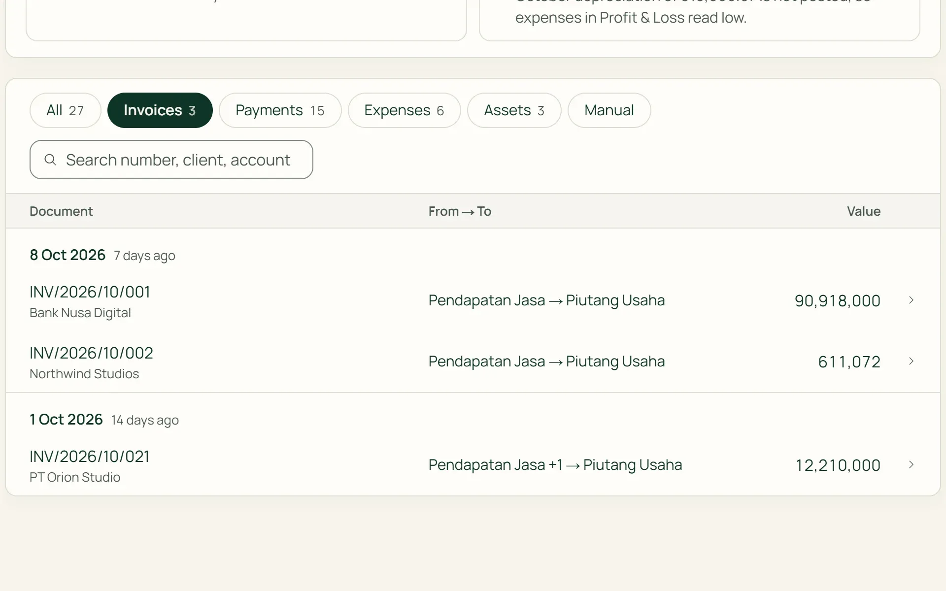 The journal list in Tumra, recorded automatically from invoices, payments, and expenses.