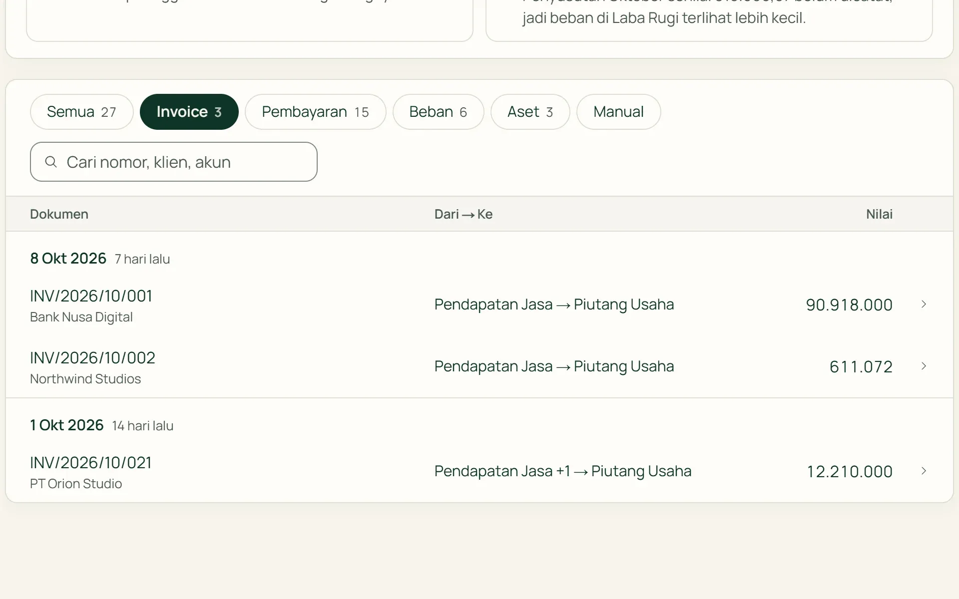 Daftar jurnal di Tumra yang tercatat otomatis dari invoice, pembayaran, dan pengeluaran.