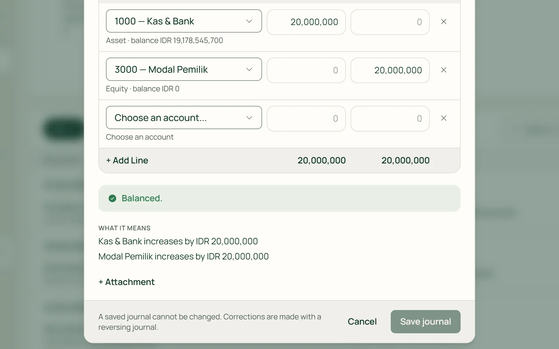 The manual journal form in Tumra with the capital contribution example and an explanation of what it means.