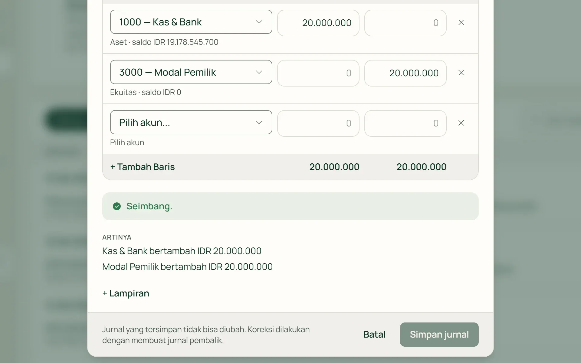 Form jurnal manual di Tumra dengan contoh setoran modal dan penjelasan artinya.