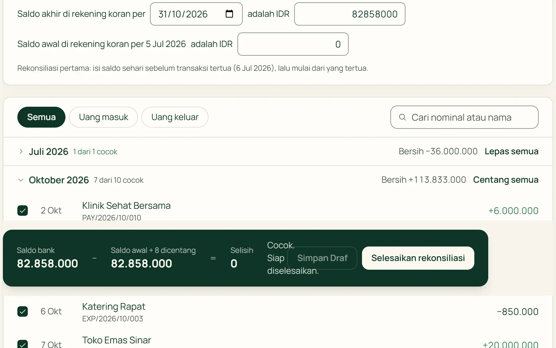 Rekonsiliasi bank di Tumra: mutasi dicentang sampai selisihnya nol.