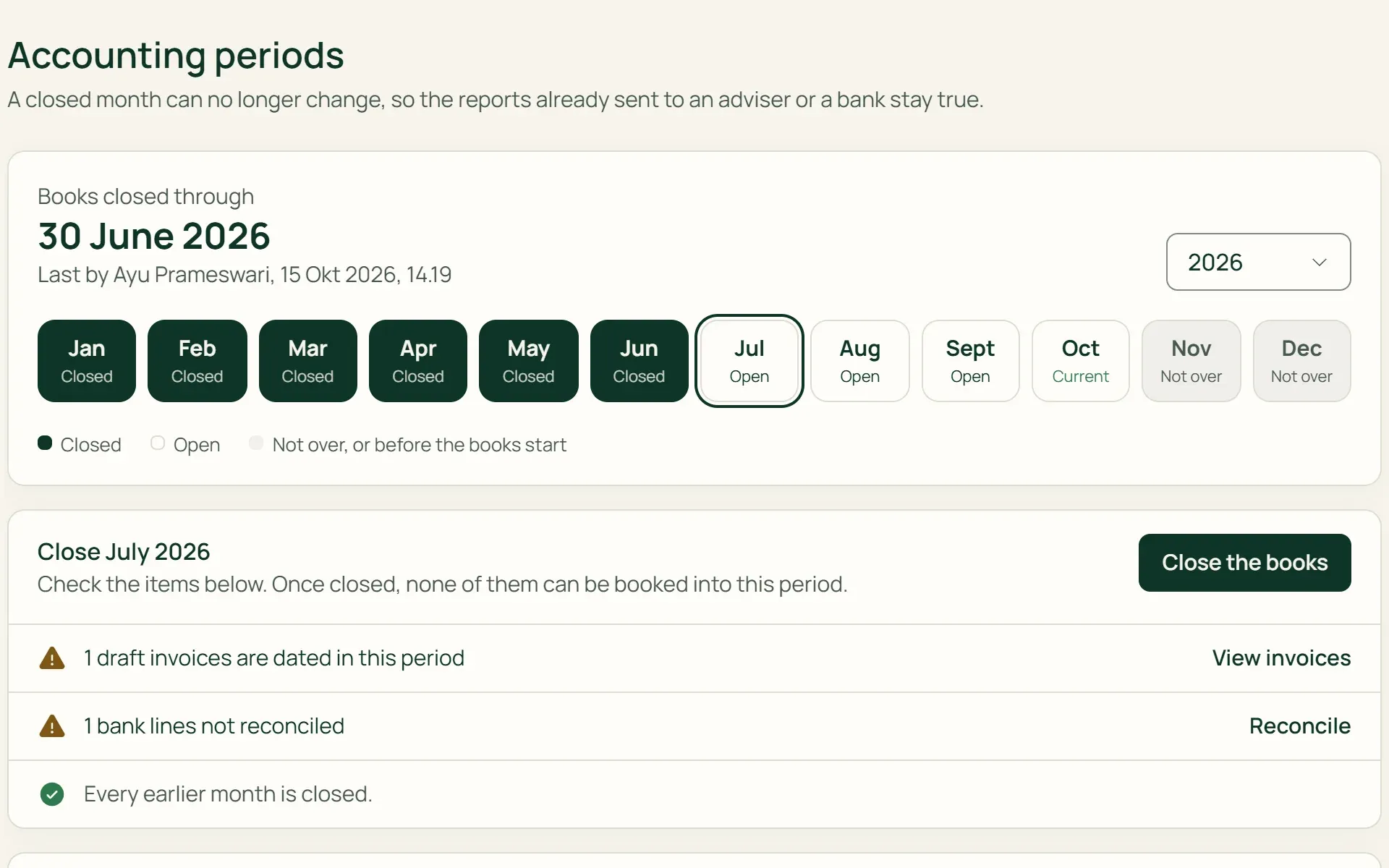 Accounting periods in Tumra with the checklist before closing the books.