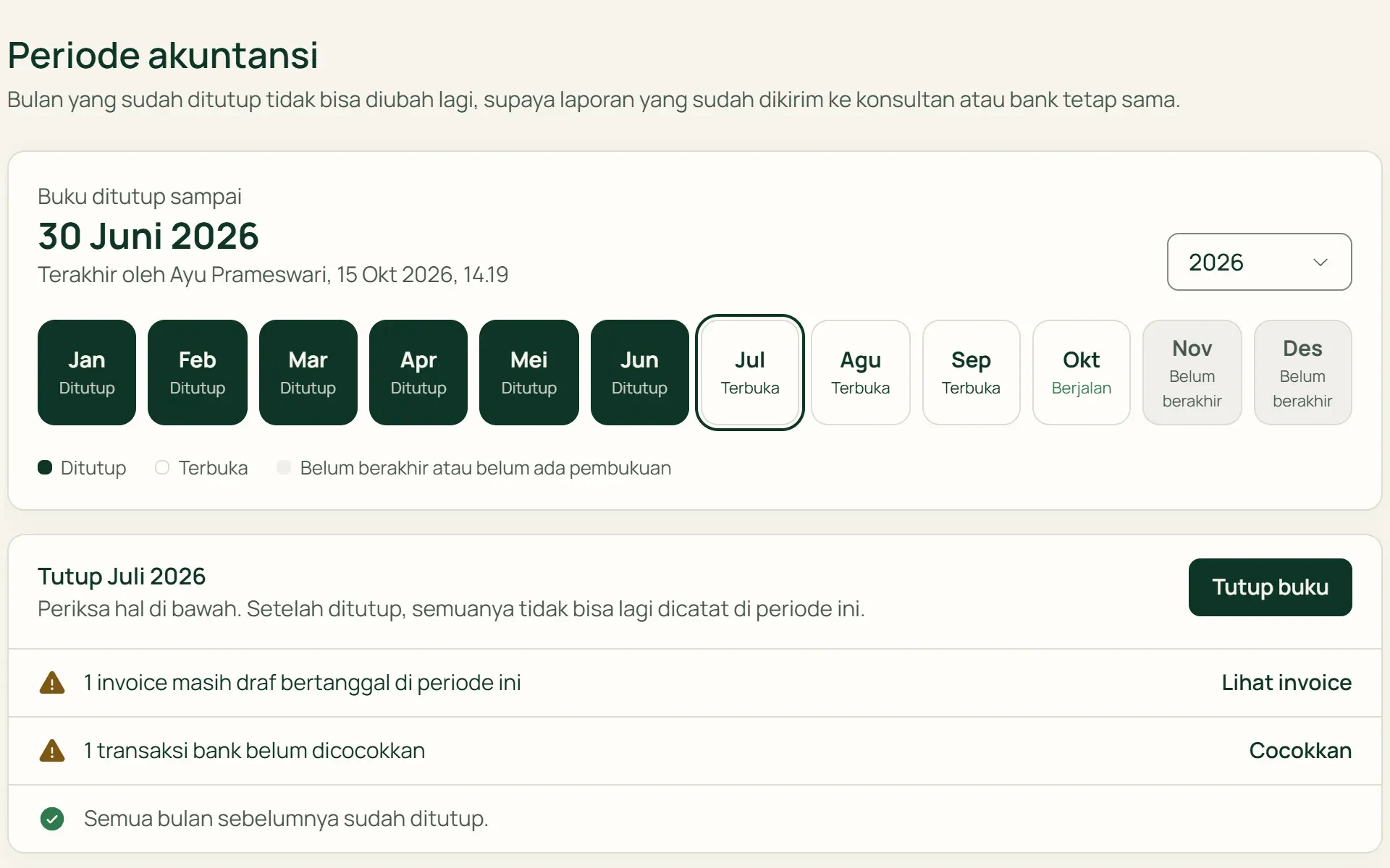Periode akuntansi di Tumra dengan checklist sebelum tutup buku.