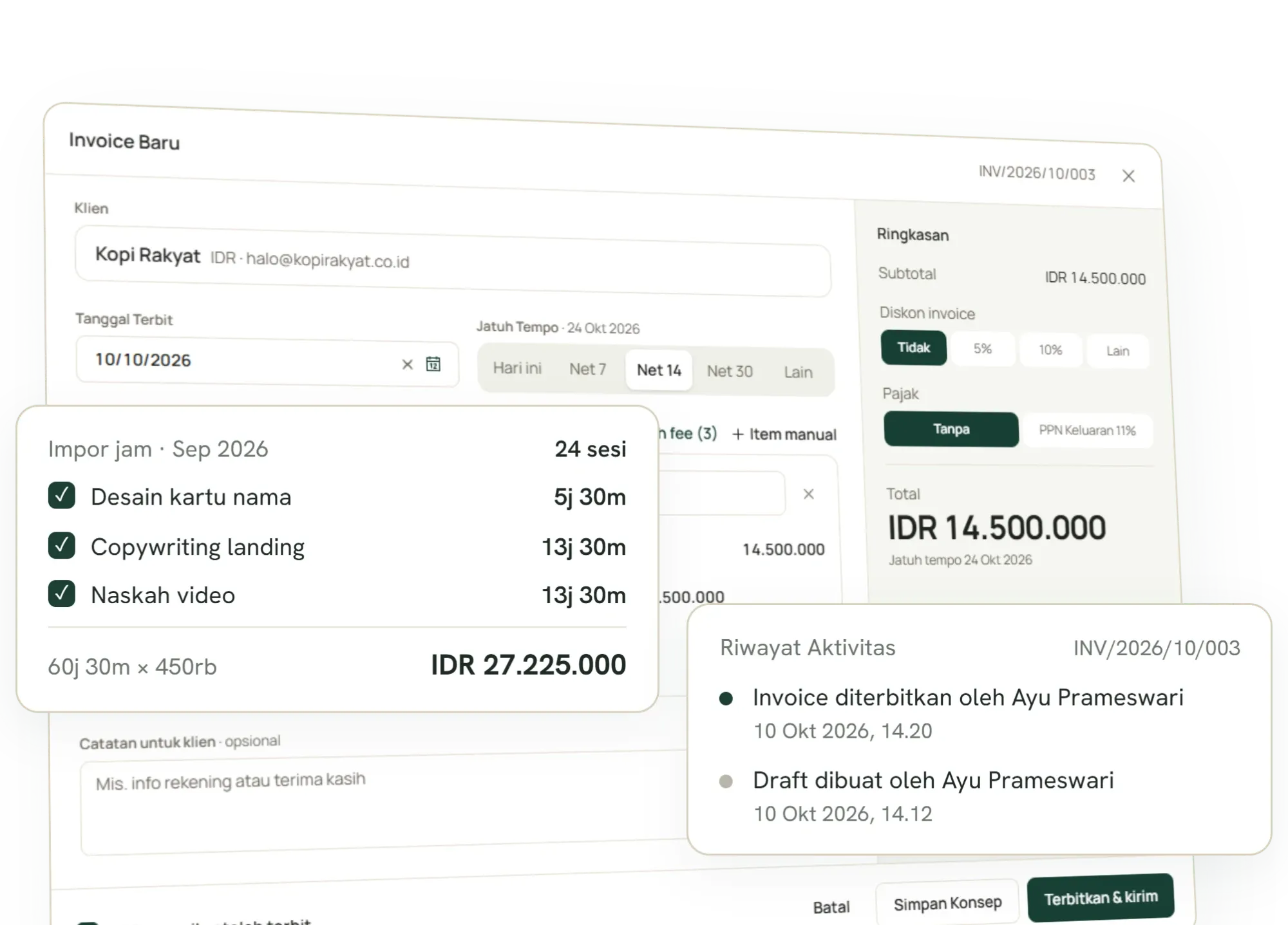 Invoice baru di Tumra dengan impor jam dari task, ringkasan total, dan riwayat aktivitas invoice.