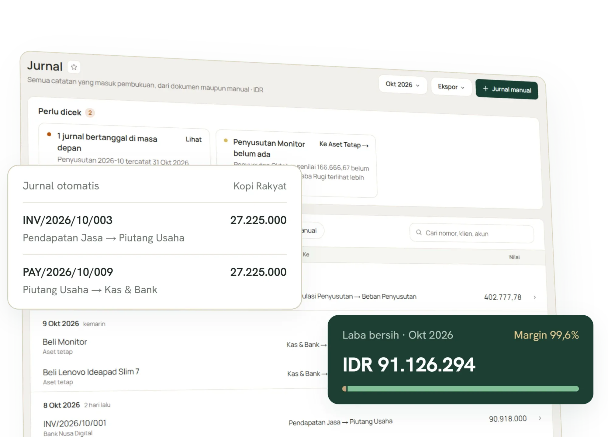 Halaman Jurnal di Tumra: jurnal otomatis dari invoice dan pembayaran, dengan laba bersih bulan ini.