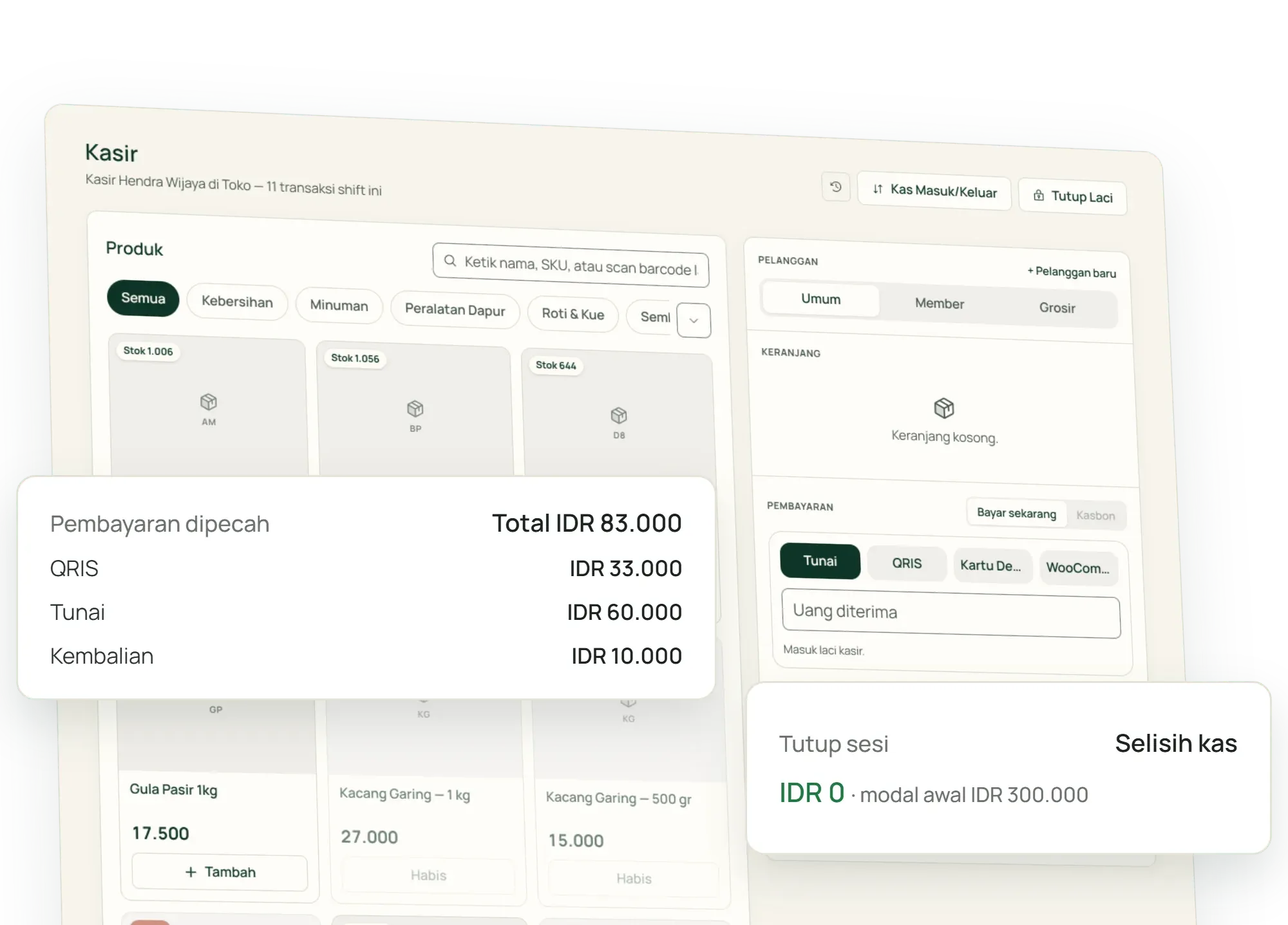 The Tumra register with a split payment: IDR 83,000 paid with IDR 33,000 by QRIS and IDR 60,000 in cash with IDR 10,000 change, then a session close with no cash difference.