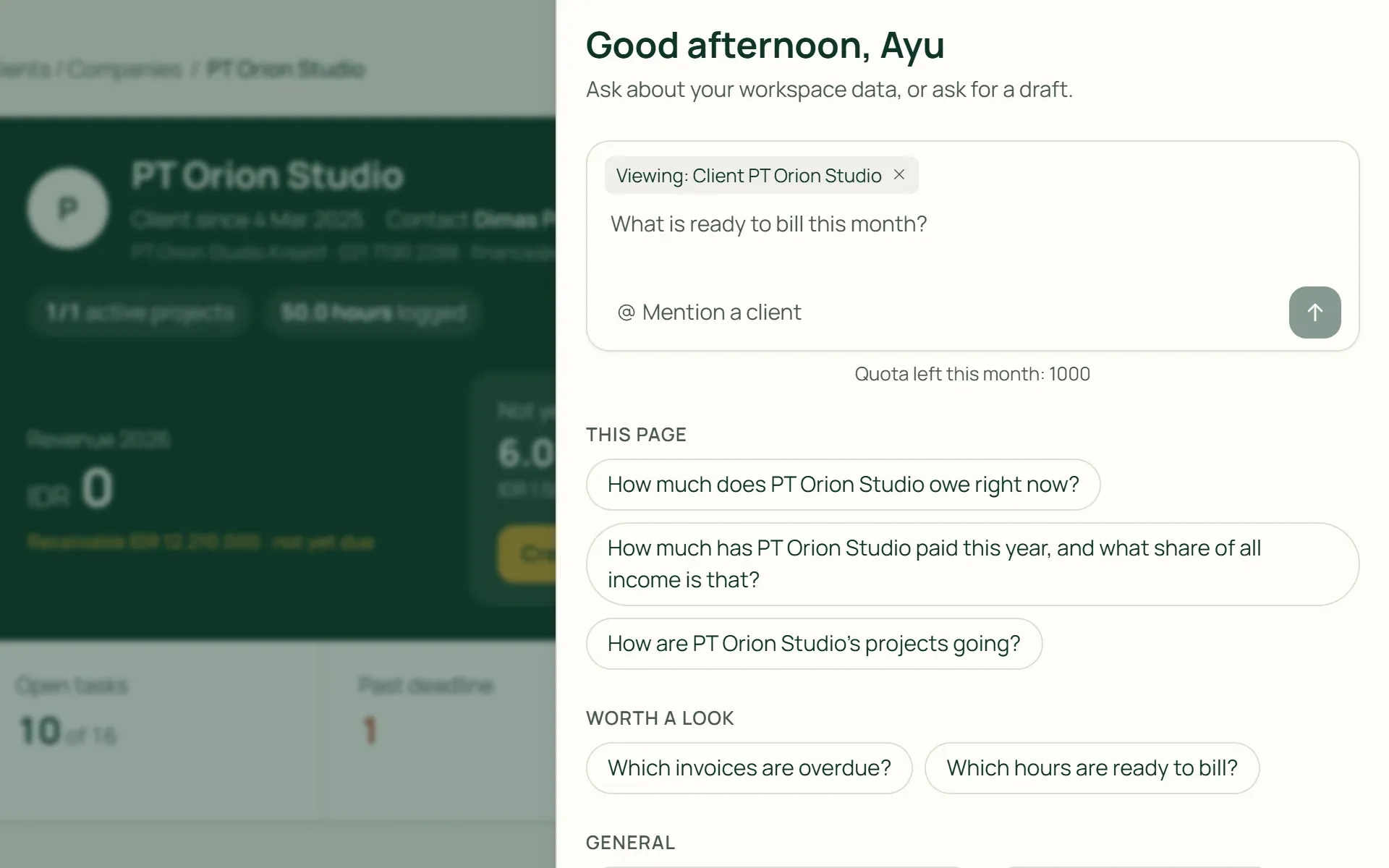 The Tumra Assistant panel on a client page, with ready-made questions about that client.