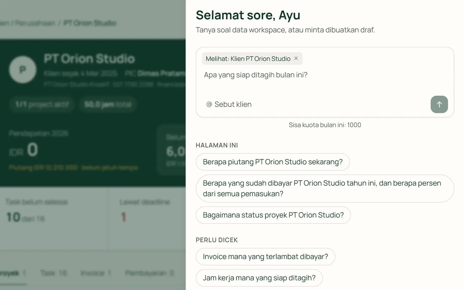 Panel Tumra Assistant di halaman klien dengan pertanyaan siap pakai untuk klien tersebut.
