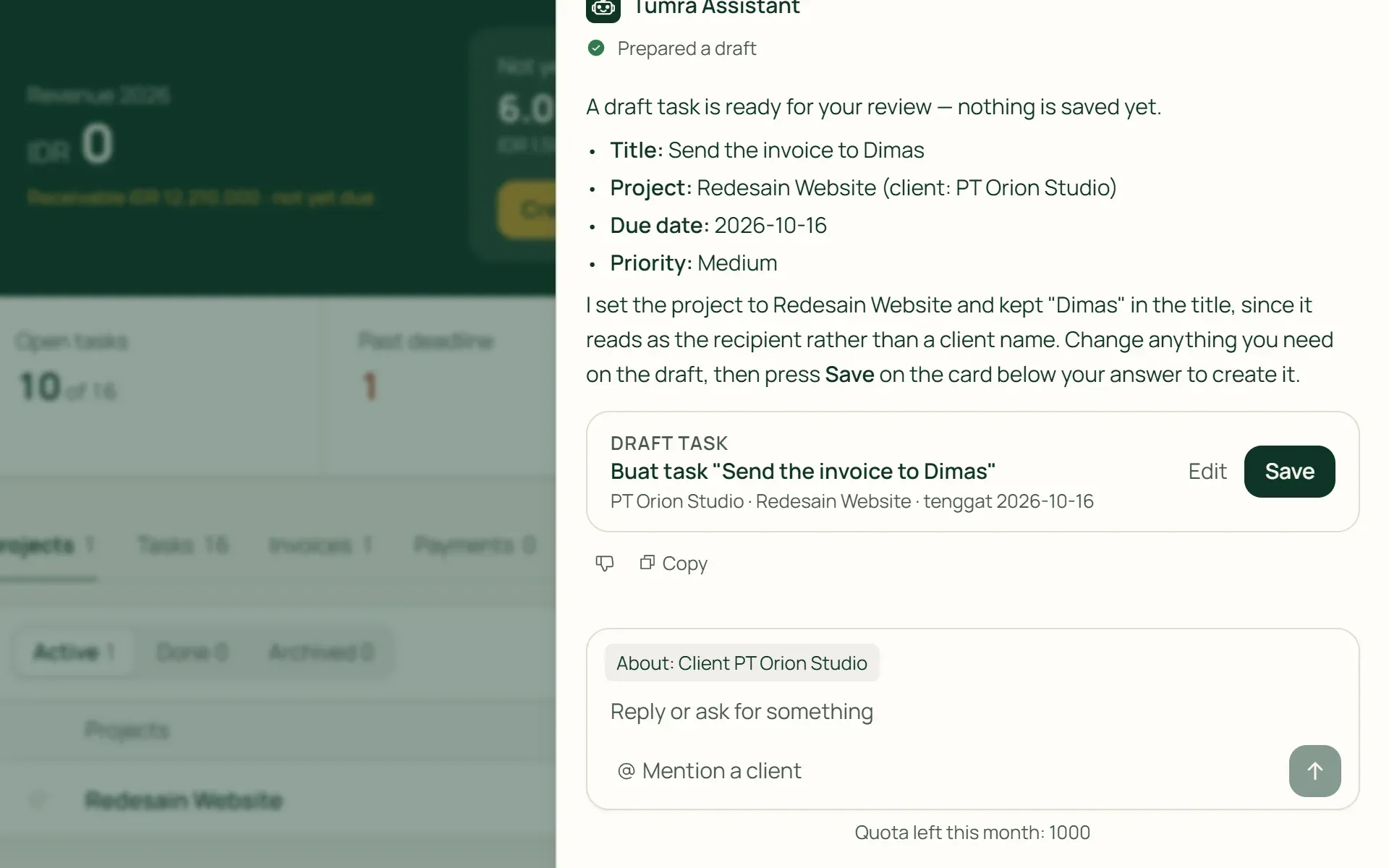 A draft task card from Tumra Assistant waiting for approval before it is saved.