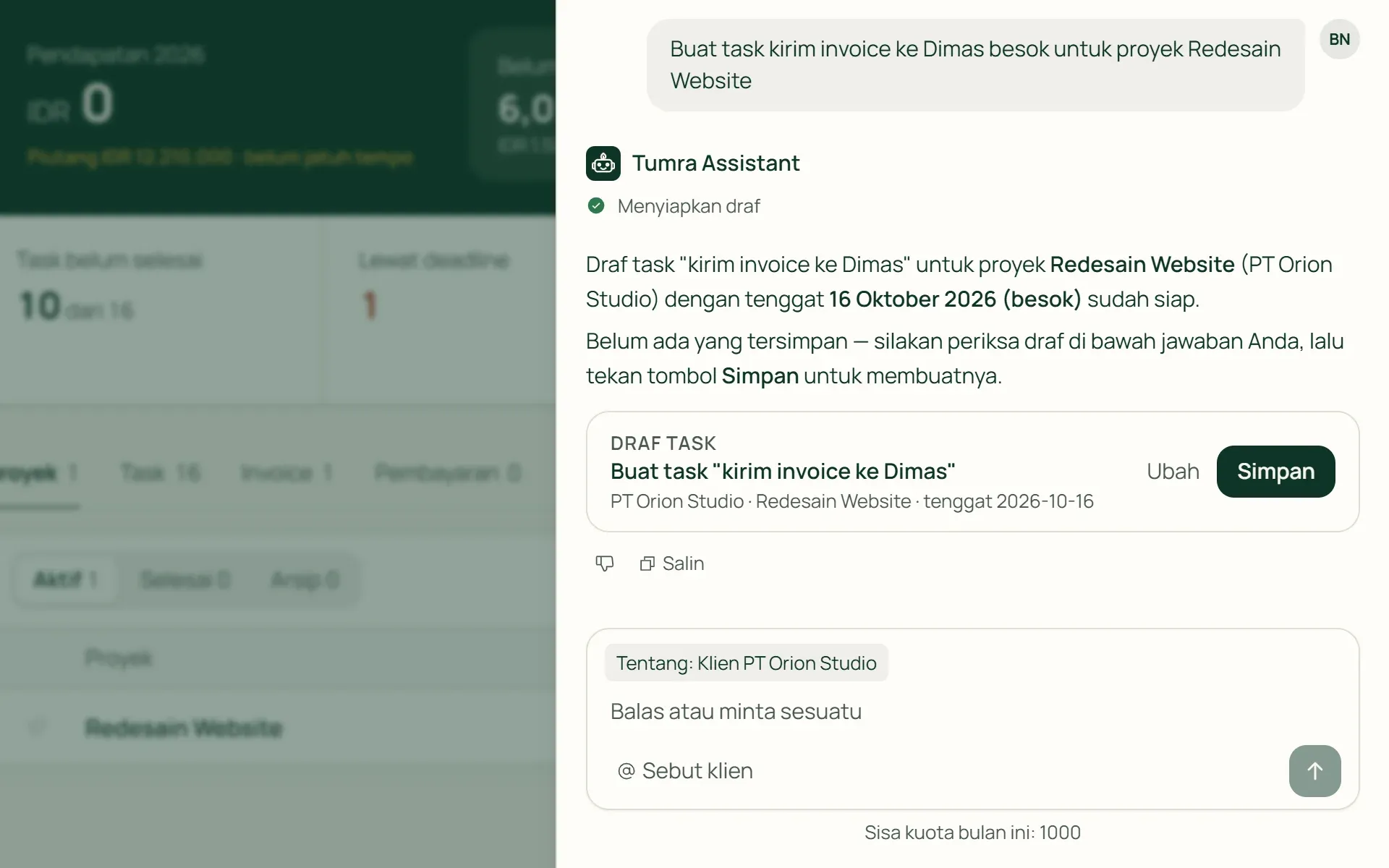 Kartu draf task dari Tumra Assistant yang menunggu persetujuan sebelum disimpan.