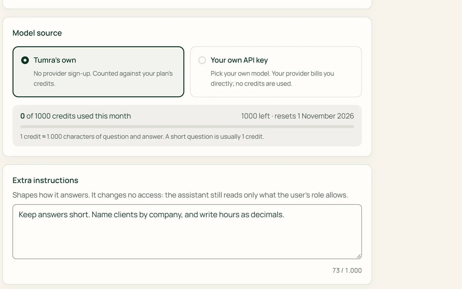 Tumra Assistant settings: the model source, credits left, and extra instructions.