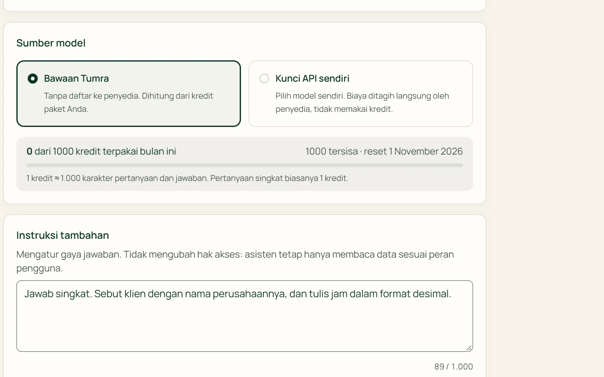 Pengaturan Tumra Assistant: sumber model, sisa kredit, dan instruksi tambahan.