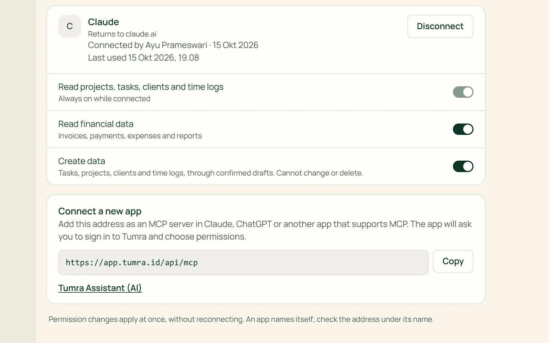 The list of connected AI apps in Tumra, with finance and create-data permissions for each connection.