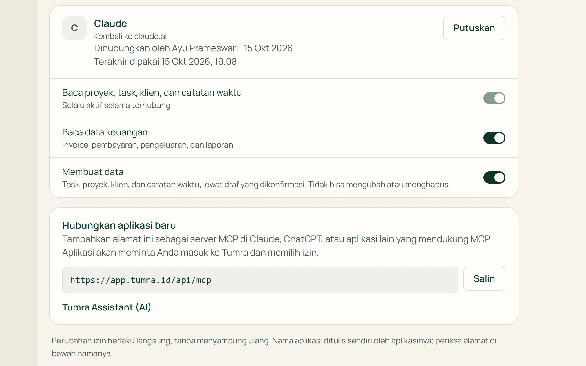 Daftar aplikasi AI terhubung di Tumra dengan izin keuangan dan membuat data per koneksi.