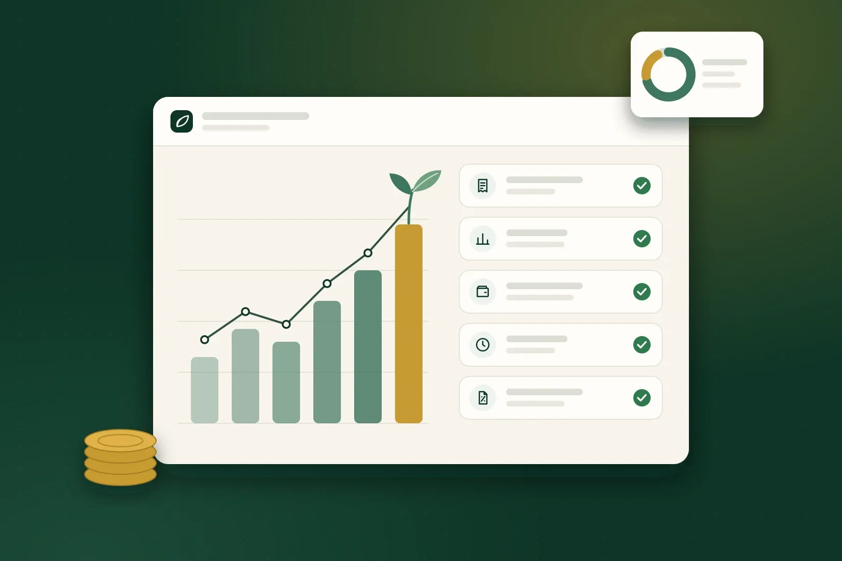 Illustration of a business finance report: a rising bar chart with a sprout at the top, next to five finance tasks that have been tidied up and ticked off.