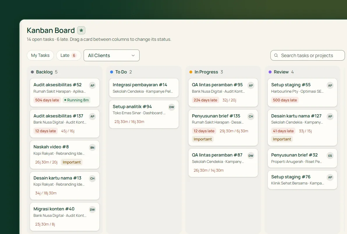 The Tumra Kanban board with Backlog, To Do, In Progress and Review columns. Each card shows the client, project, hours logged against the estimate, and late or important labels.