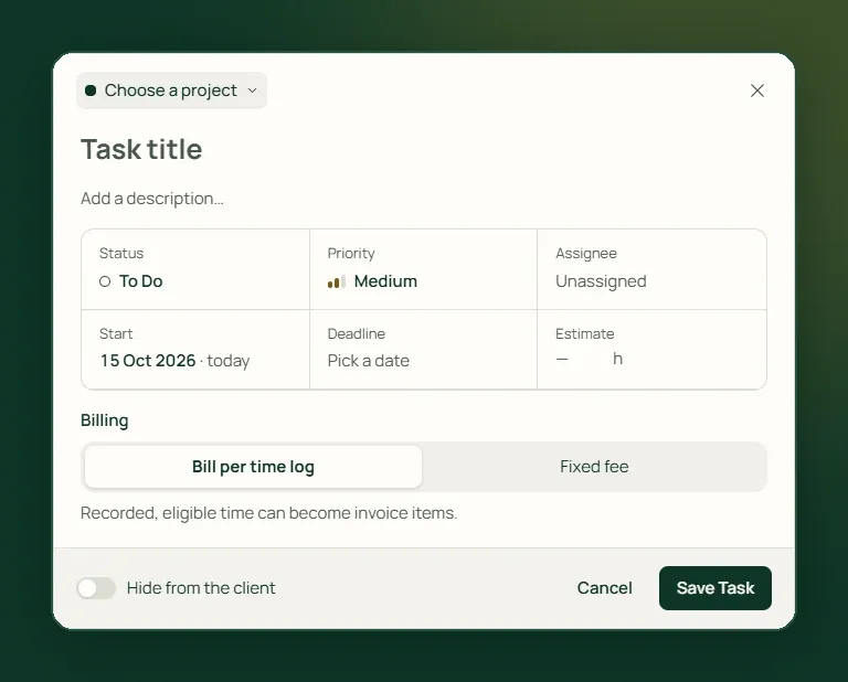 The new task form in Tumra with status, priority, assignee, start date, deadline, estimate in hours, and the billing choice between bill per time log and fixed fee.