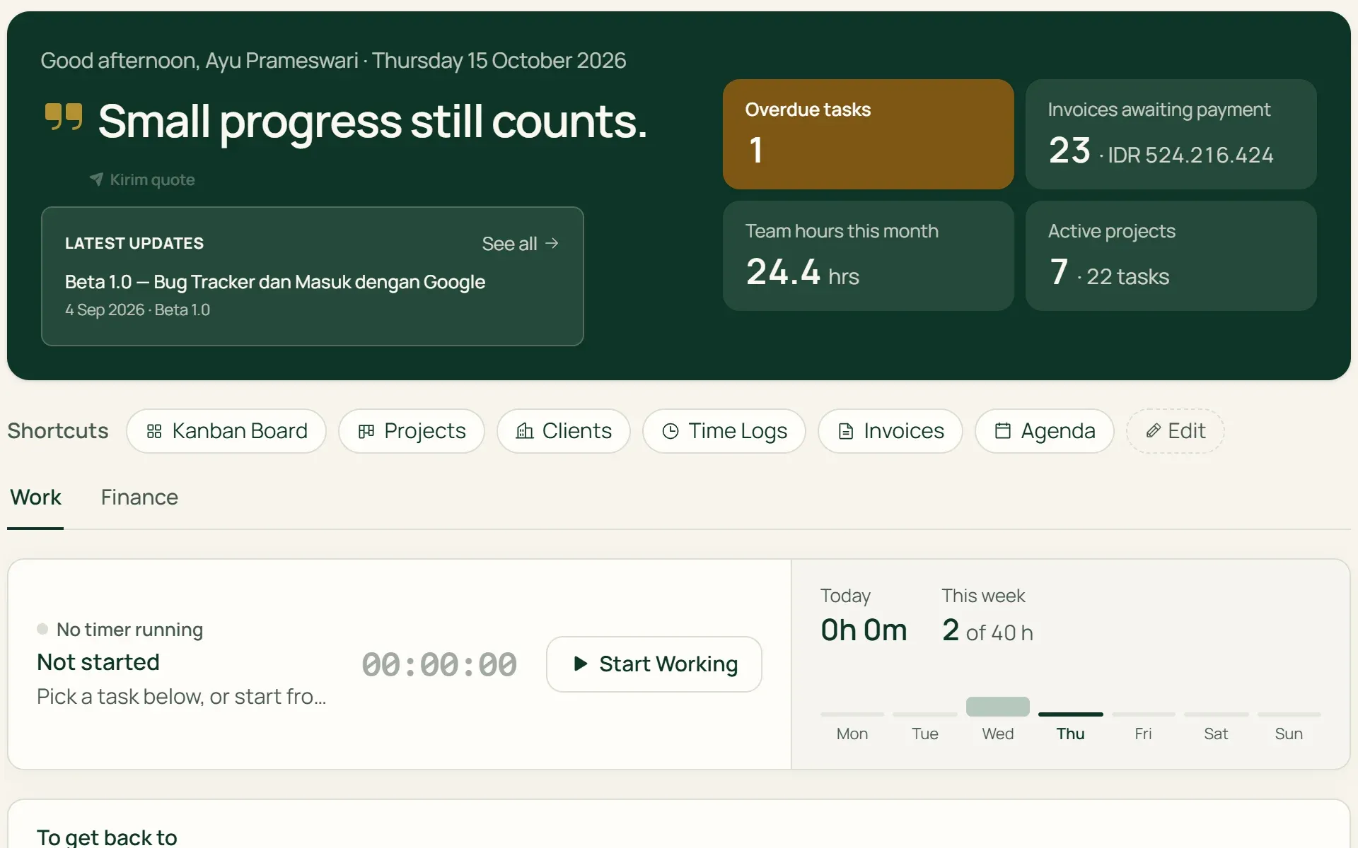 Tumra's dashboard Work tab: timer, my tasks, calendar, and the team's hours this week.