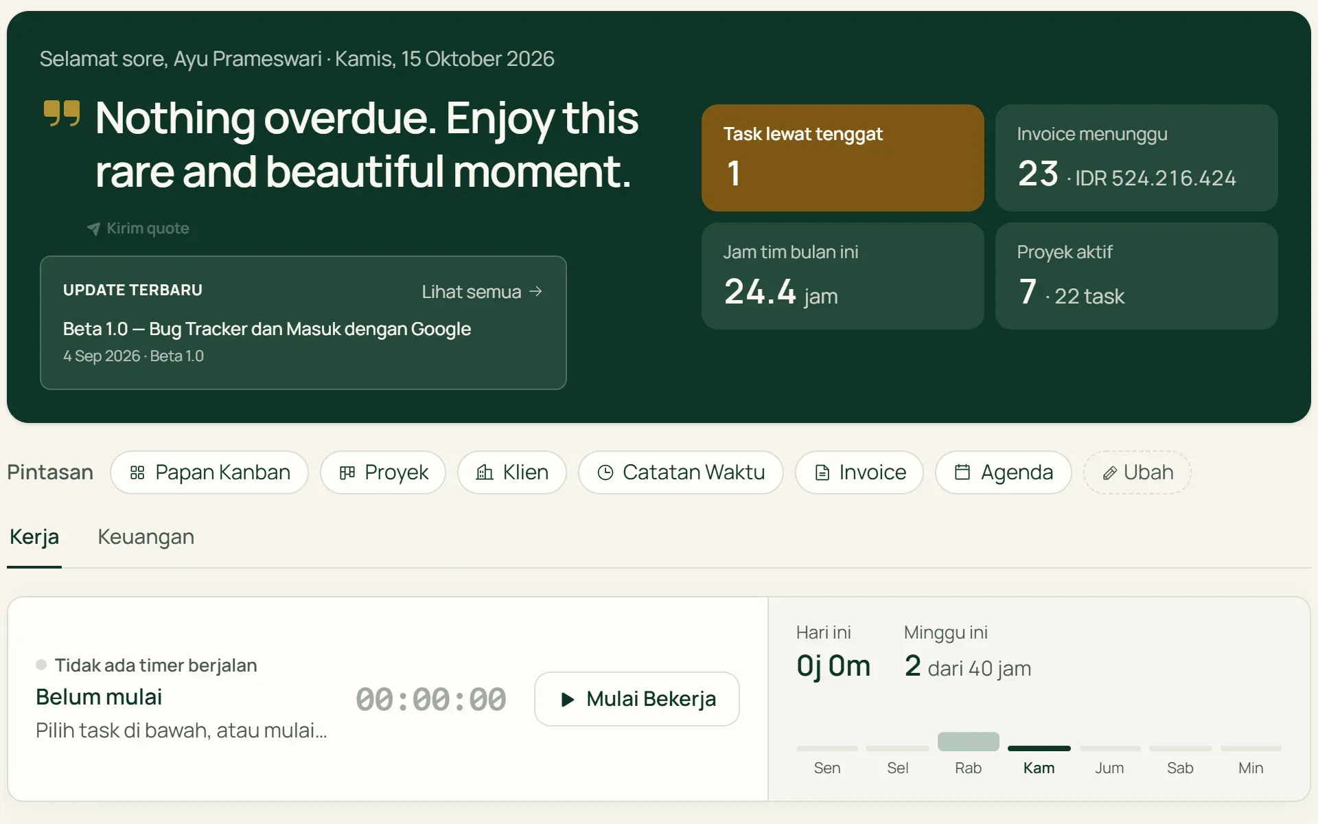 Dashboard Tumra tab Kerja: timer, task saya, kalender, dan jam tim minggu ini.