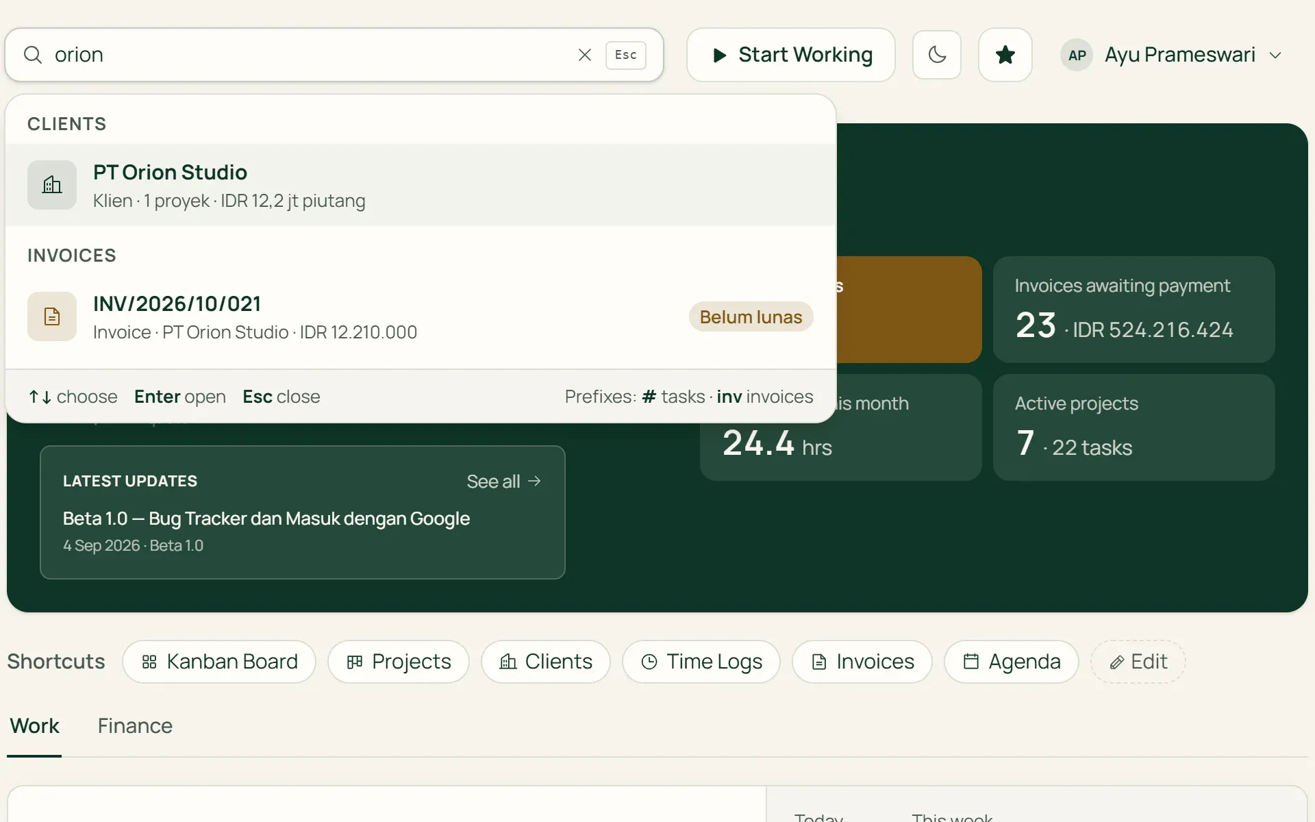 Ctrl K search in Tumra showing PT Orion Studio's client, project, and invoices.