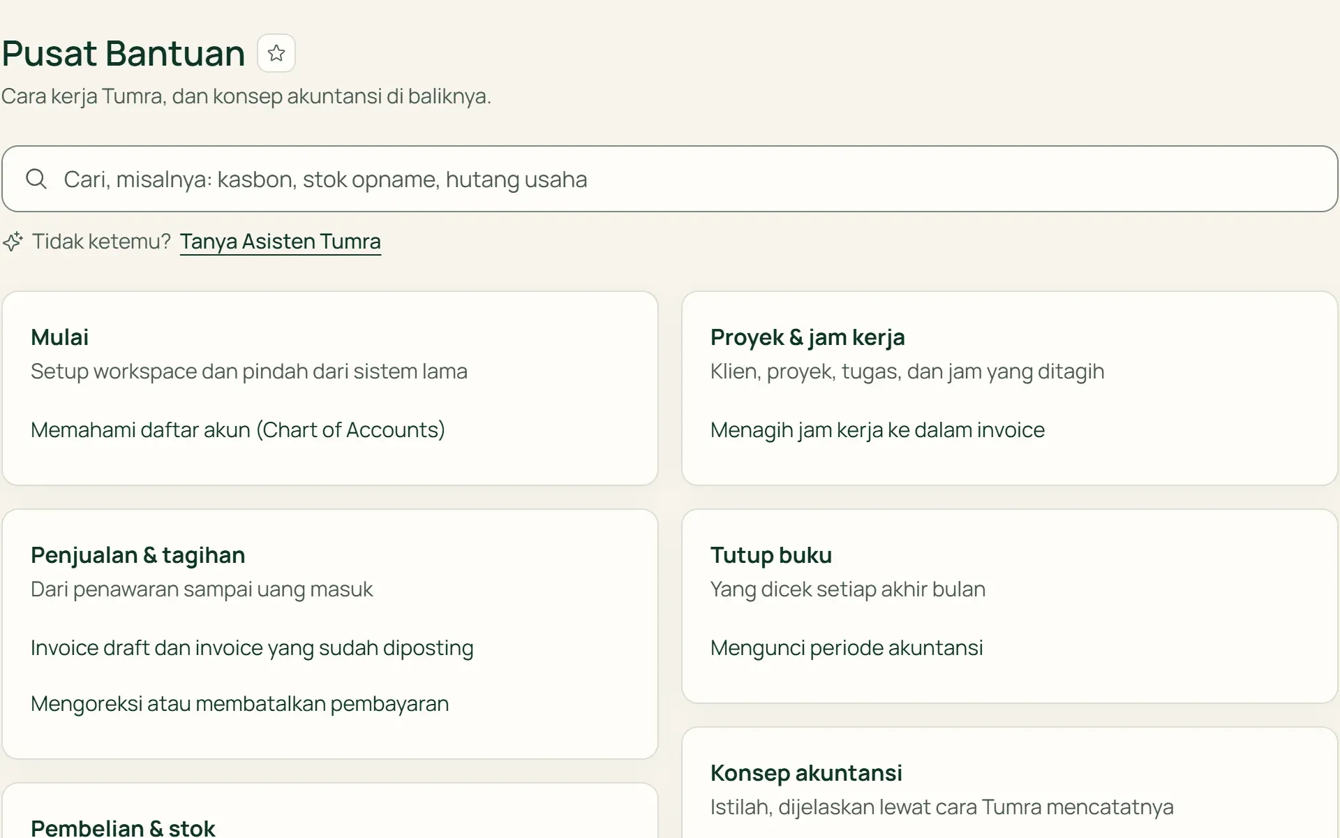 Pusat Bantuan Tumra dengan topik panduan dan konsep akuntansi.