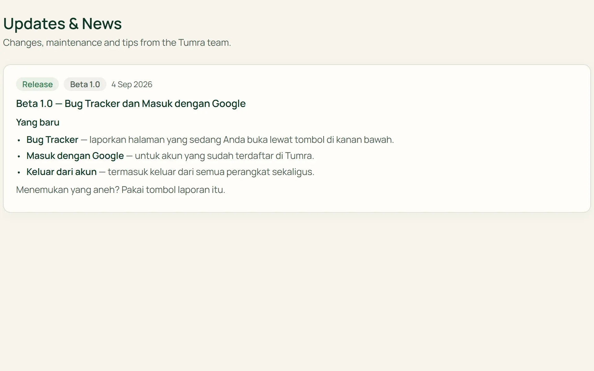 Tumra's Updates & News page with releases, maintenance, and tips.