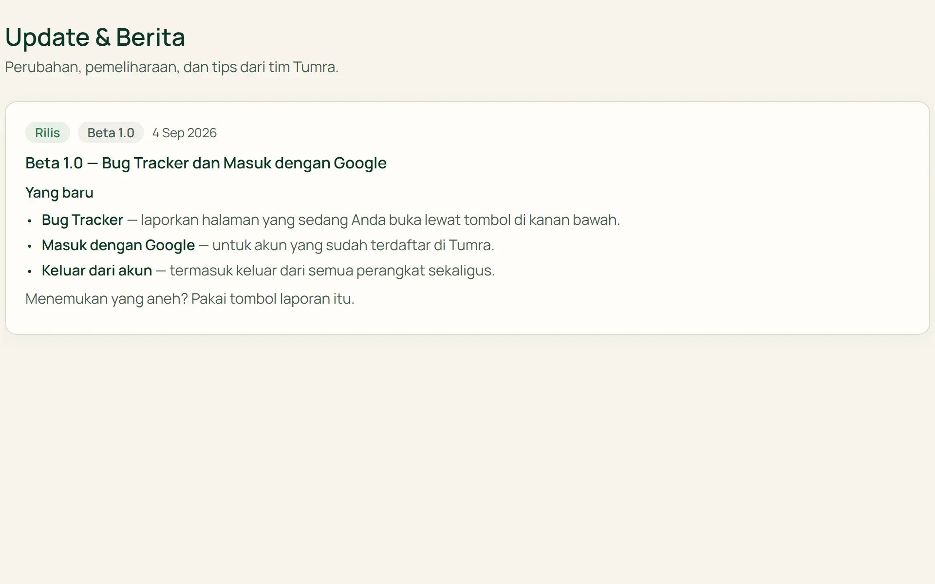 Halaman Update & Berita Tumra berisi rilis, pemeliharaan, dan tips.