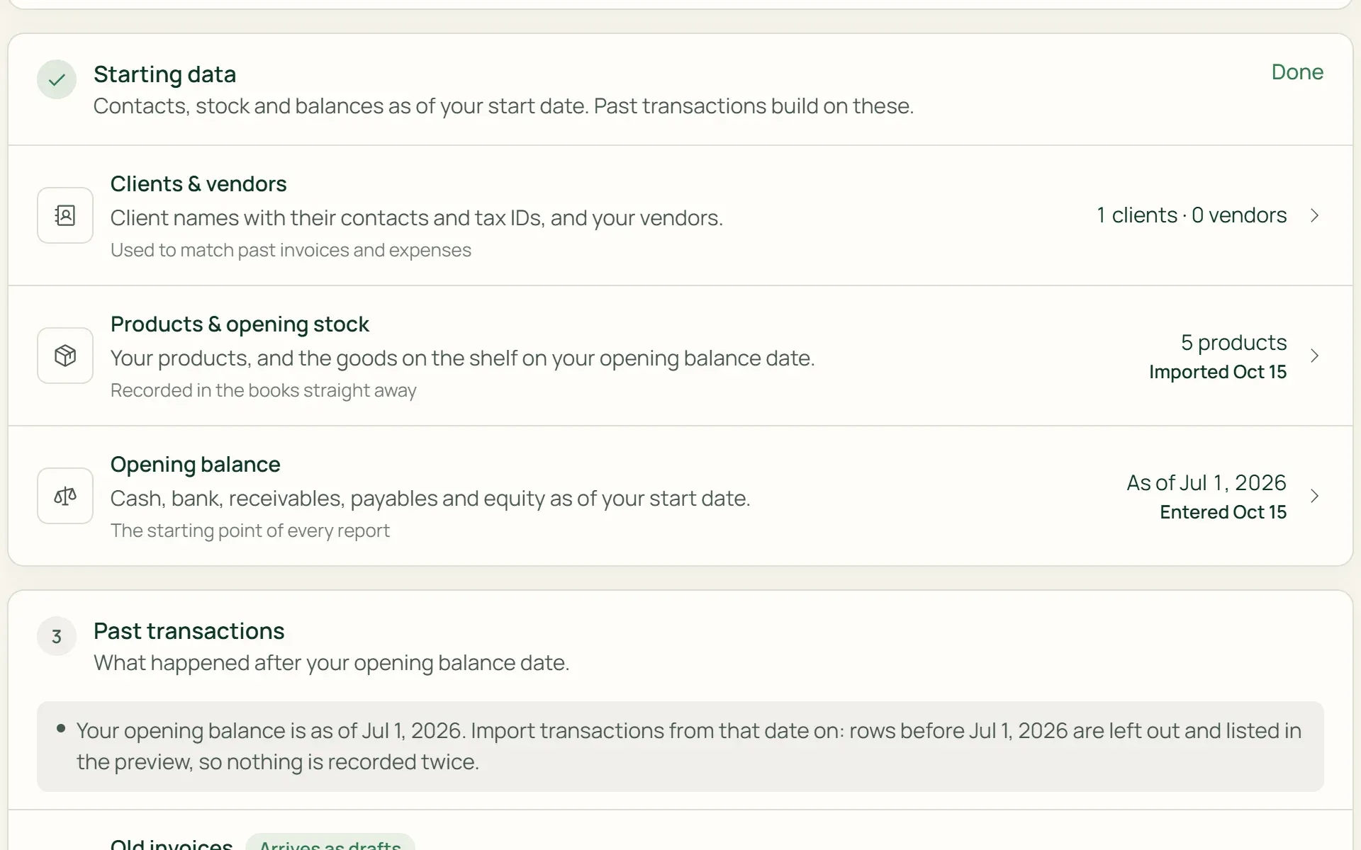 The Import & Migration page in Tumra: configuration, starting data, and past transactions in three stages.