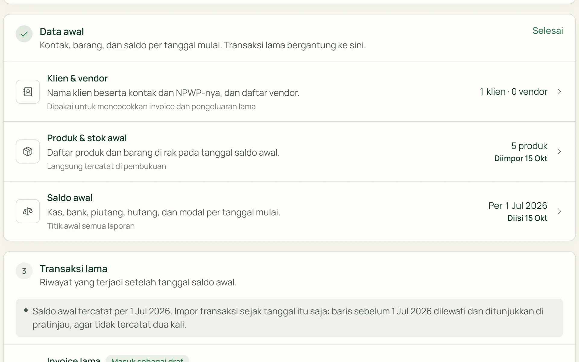 Halaman Impor & Migrasi di Tumra: konfigurasi, data awal, dan transaksi lama dalam tiga tahap.