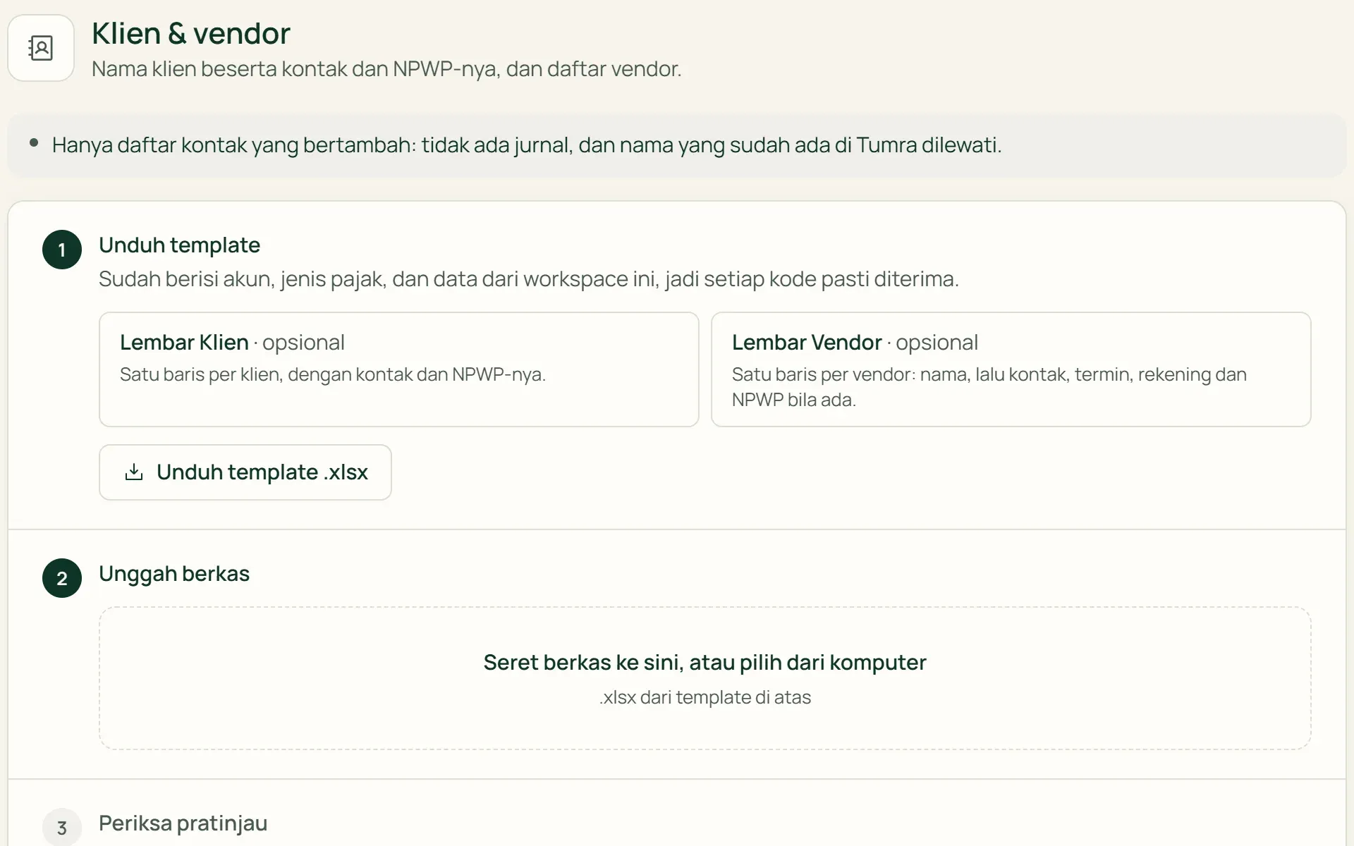 Template Excel impor klien dan vendor dari Tumra, lengkap dengan lembar Petunjuk dan Referensi.