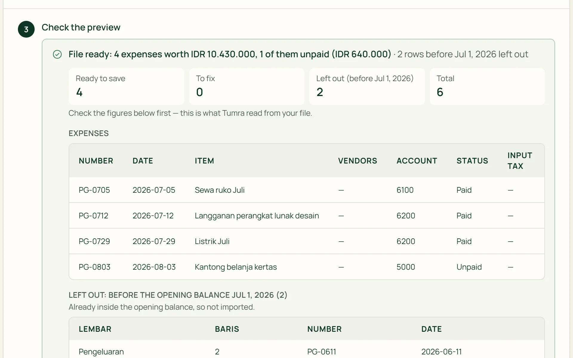 An expense import preview in Tumra: rows ready to save, and rows before the opening balance left out.