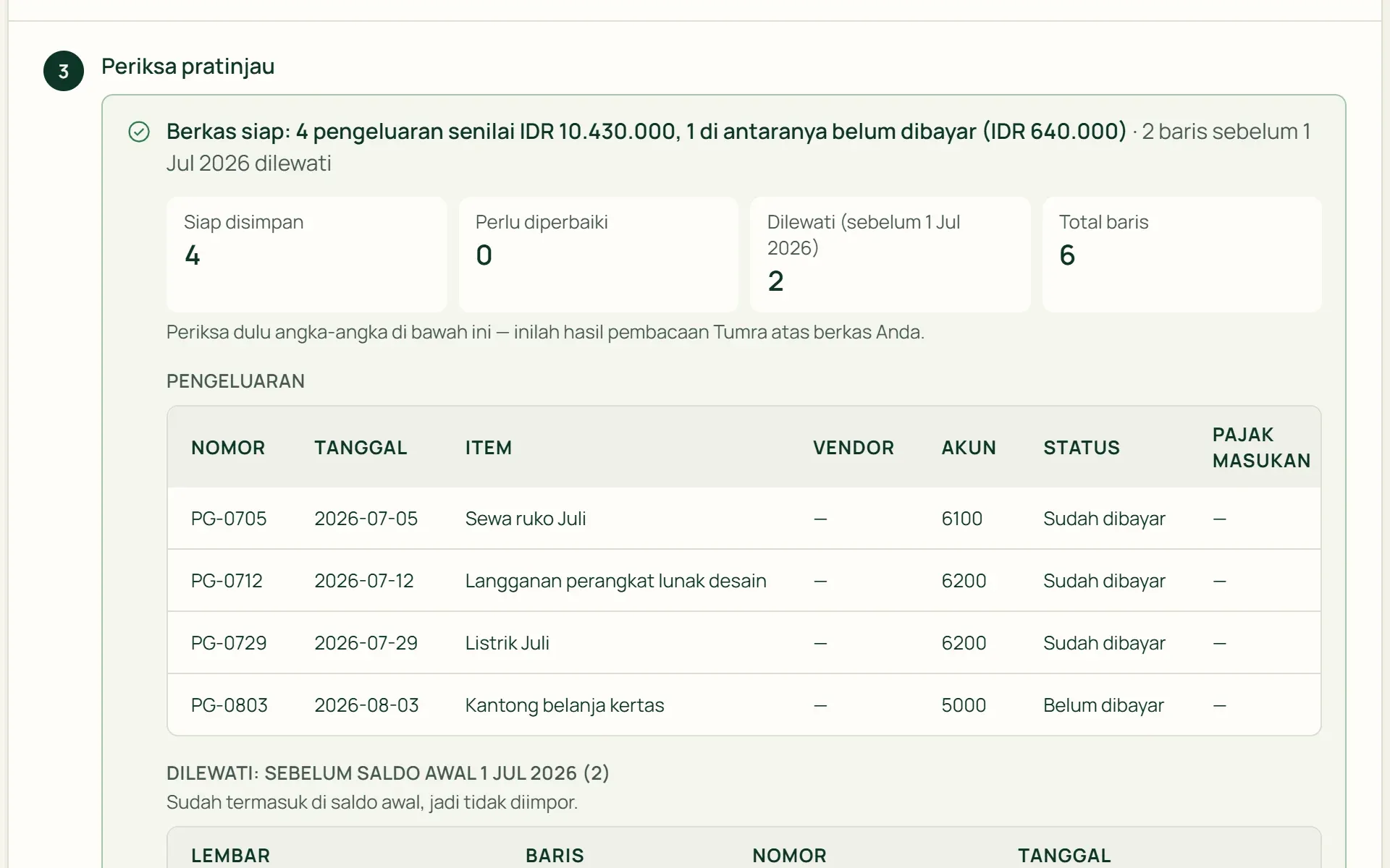 Pratinjau impor pengeluaran di Tumra: baris siap disimpan dan baris sebelum saldo awal yang dilewati.
