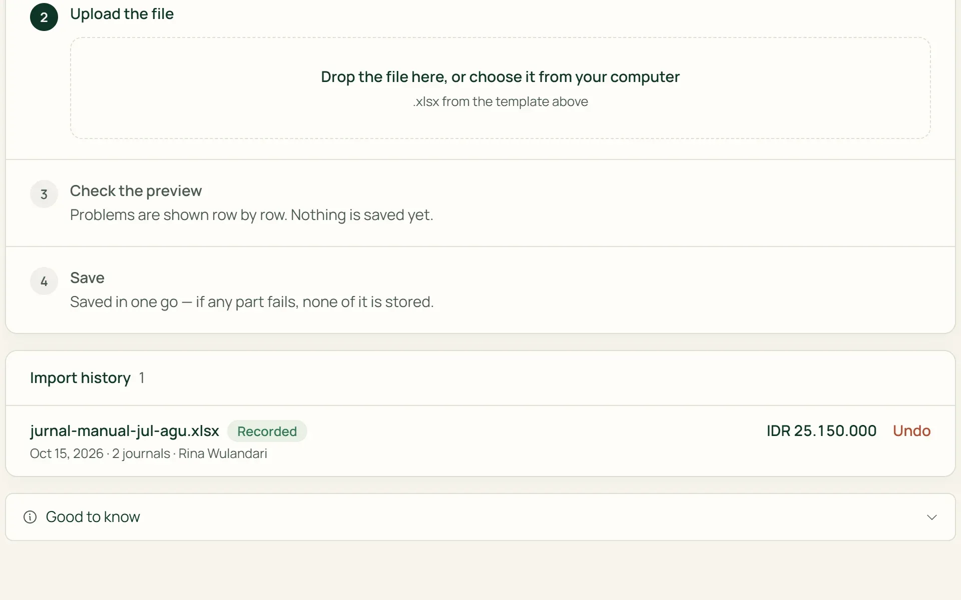 Import history in Tumra, with a button to undo a journal import.