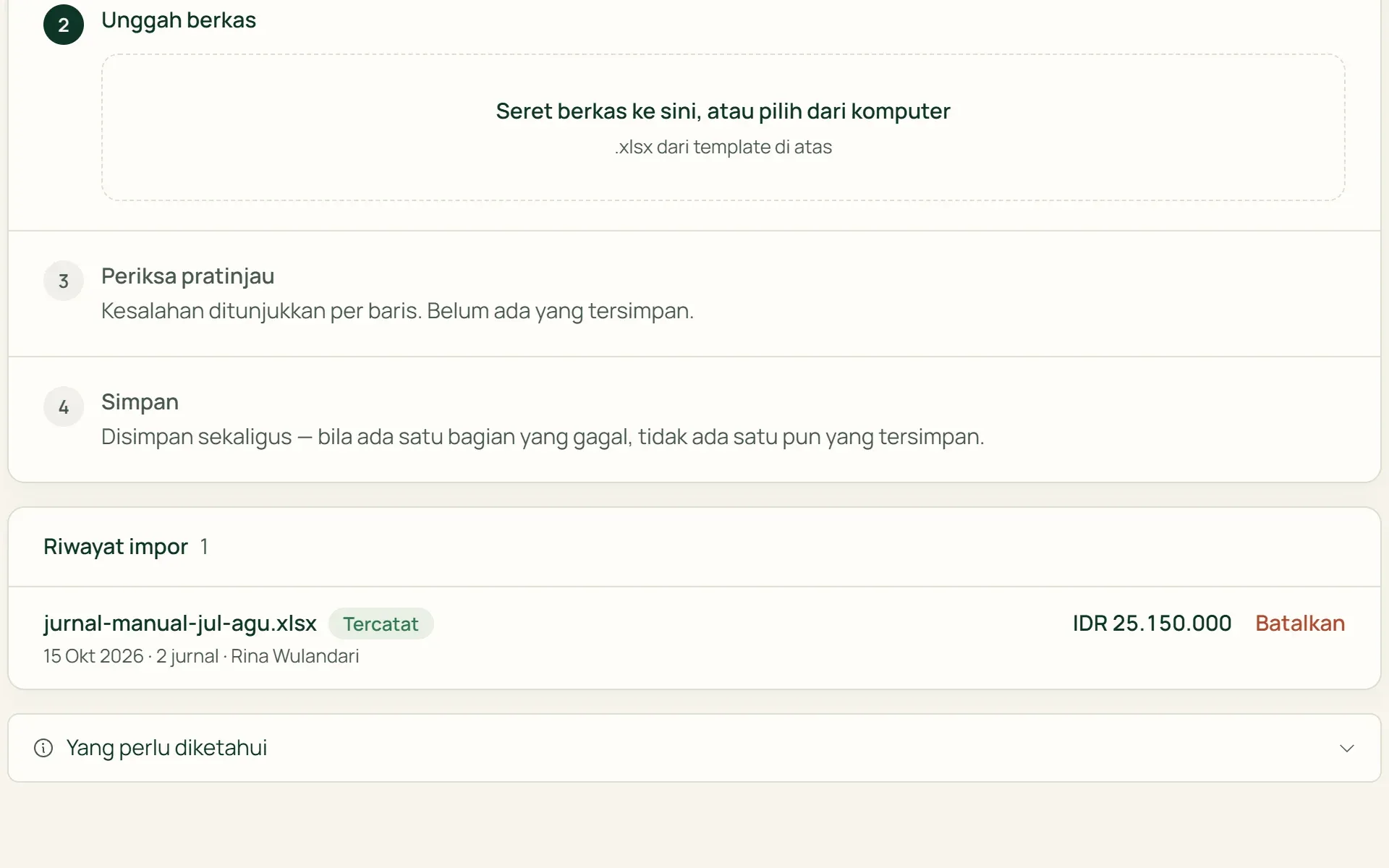 Riwayat impor di Tumra dengan tombol untuk membatalkan impor jurnal.