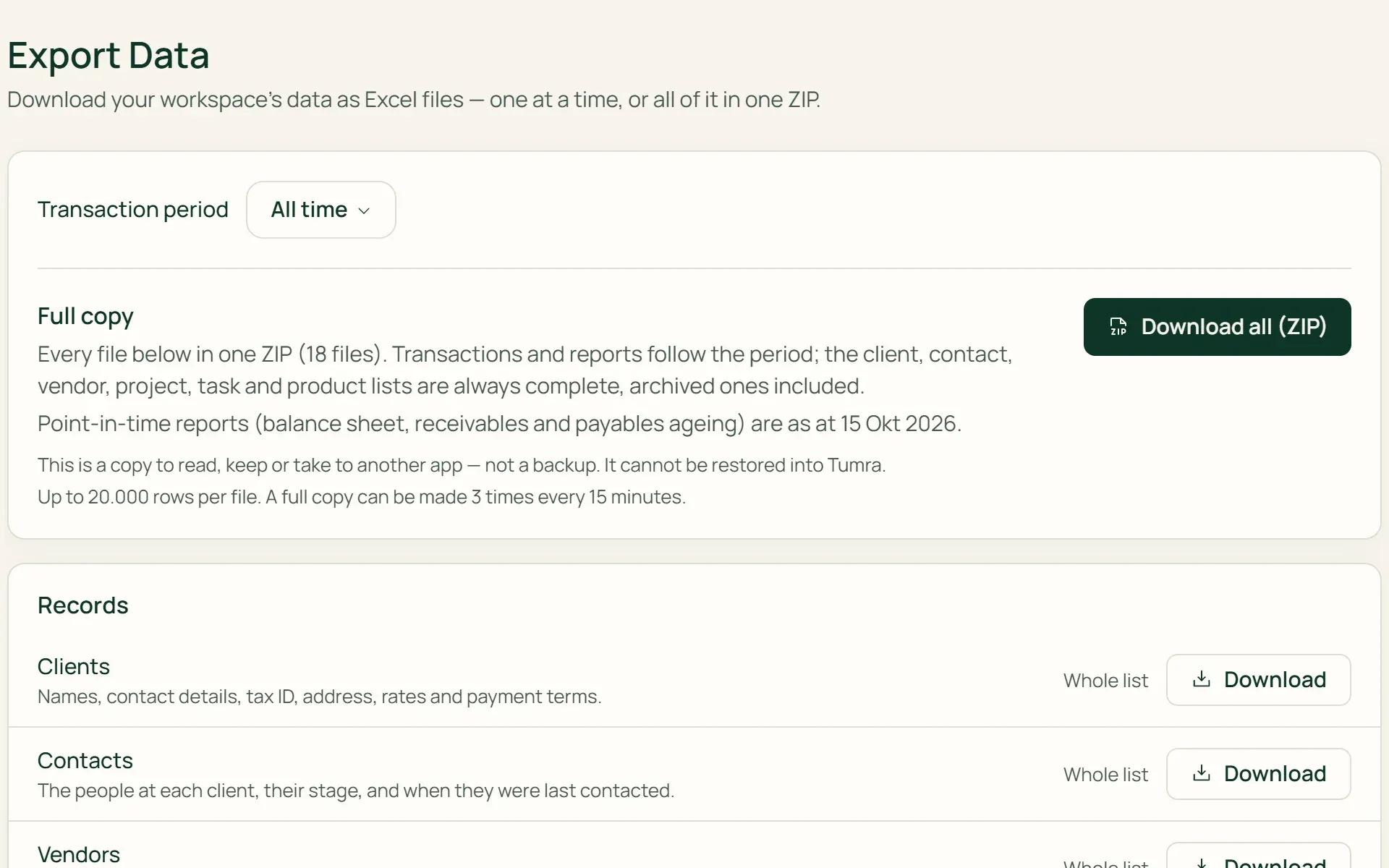 The Export Data page in Tumra: download each kind of data to Excel, or all of it in one ZIP.