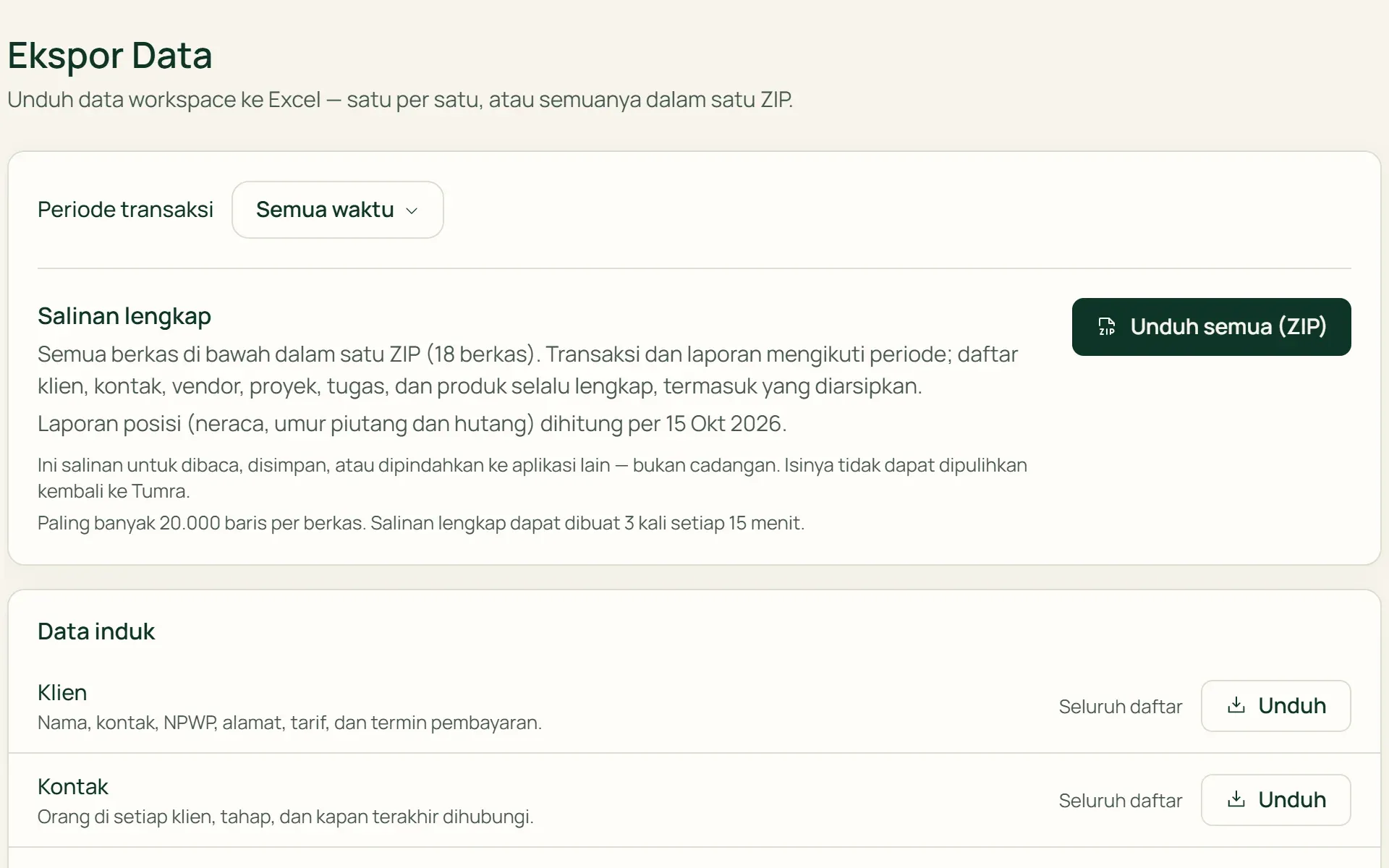 Halaman Ekspor Data di Tumra: unduh setiap data ke Excel atau semuanya dalam satu ZIP.