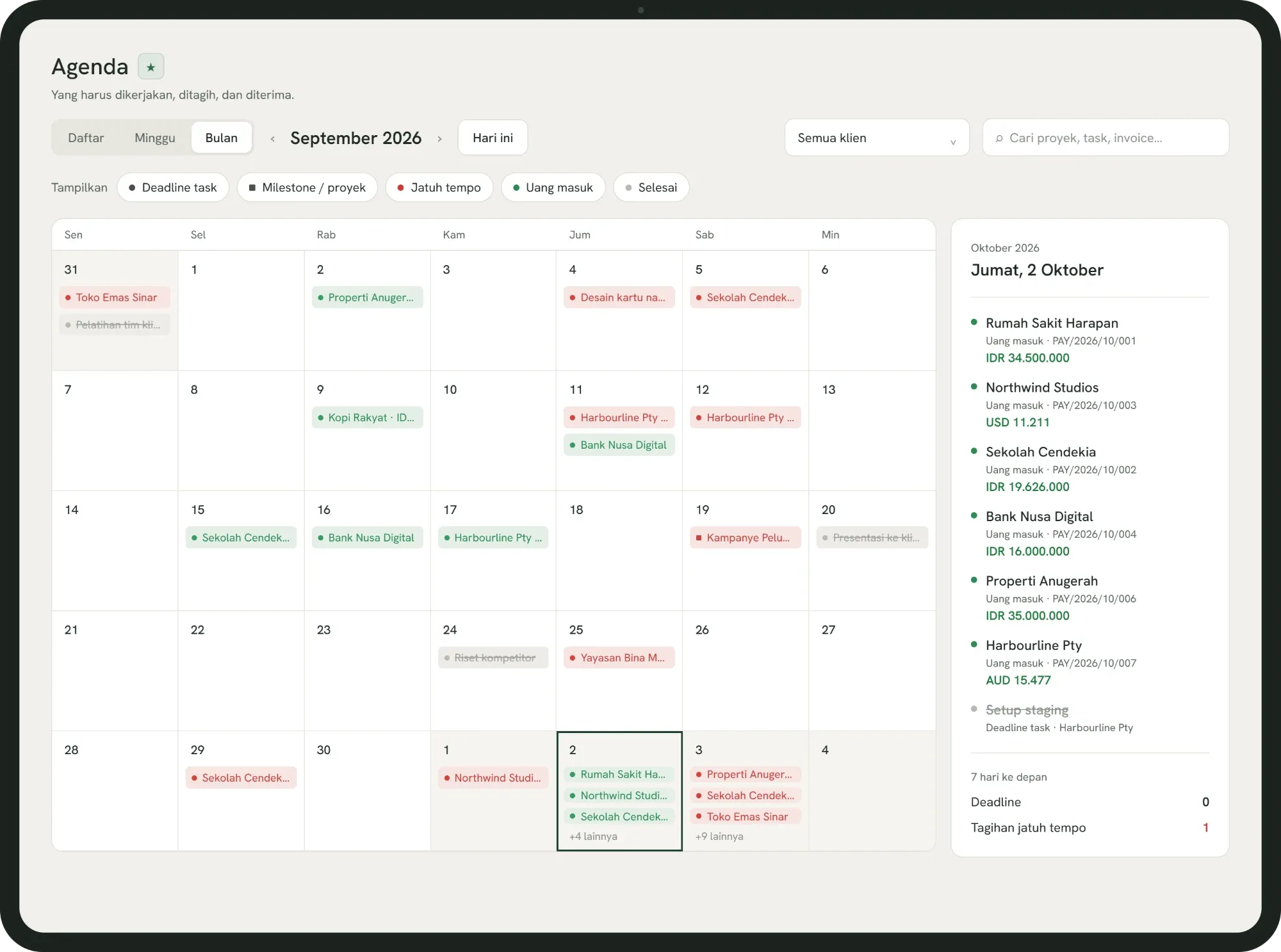 Agenda Tumra tampilan bulan: deadline task, invoice jatuh tempo, dan uang masuk per tanggal, dengan rincian hari terpilih di samping.