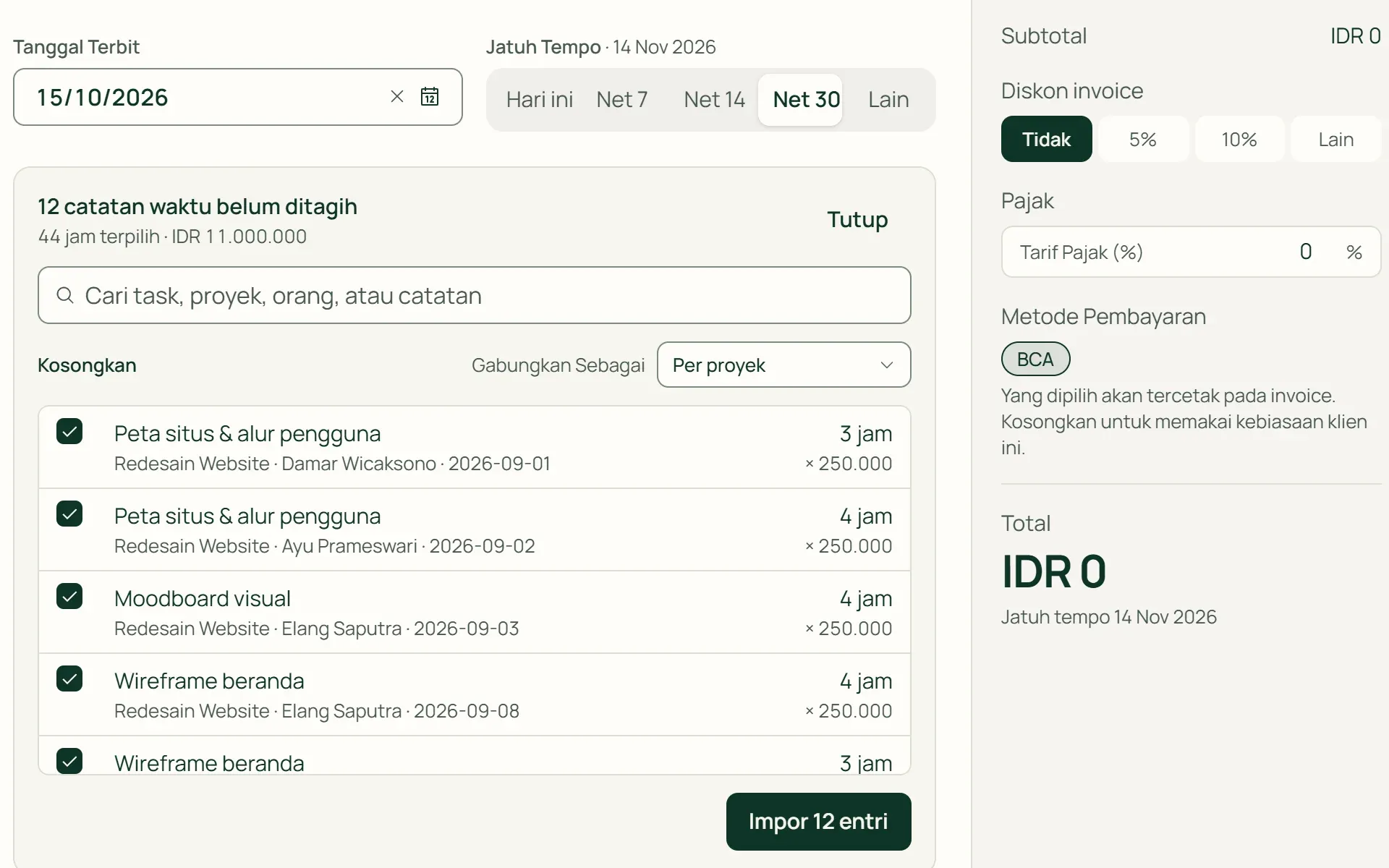 Memilih 44 jam kerja yang belum ditagih untuk dimasukkan ke invoice di Tumra.