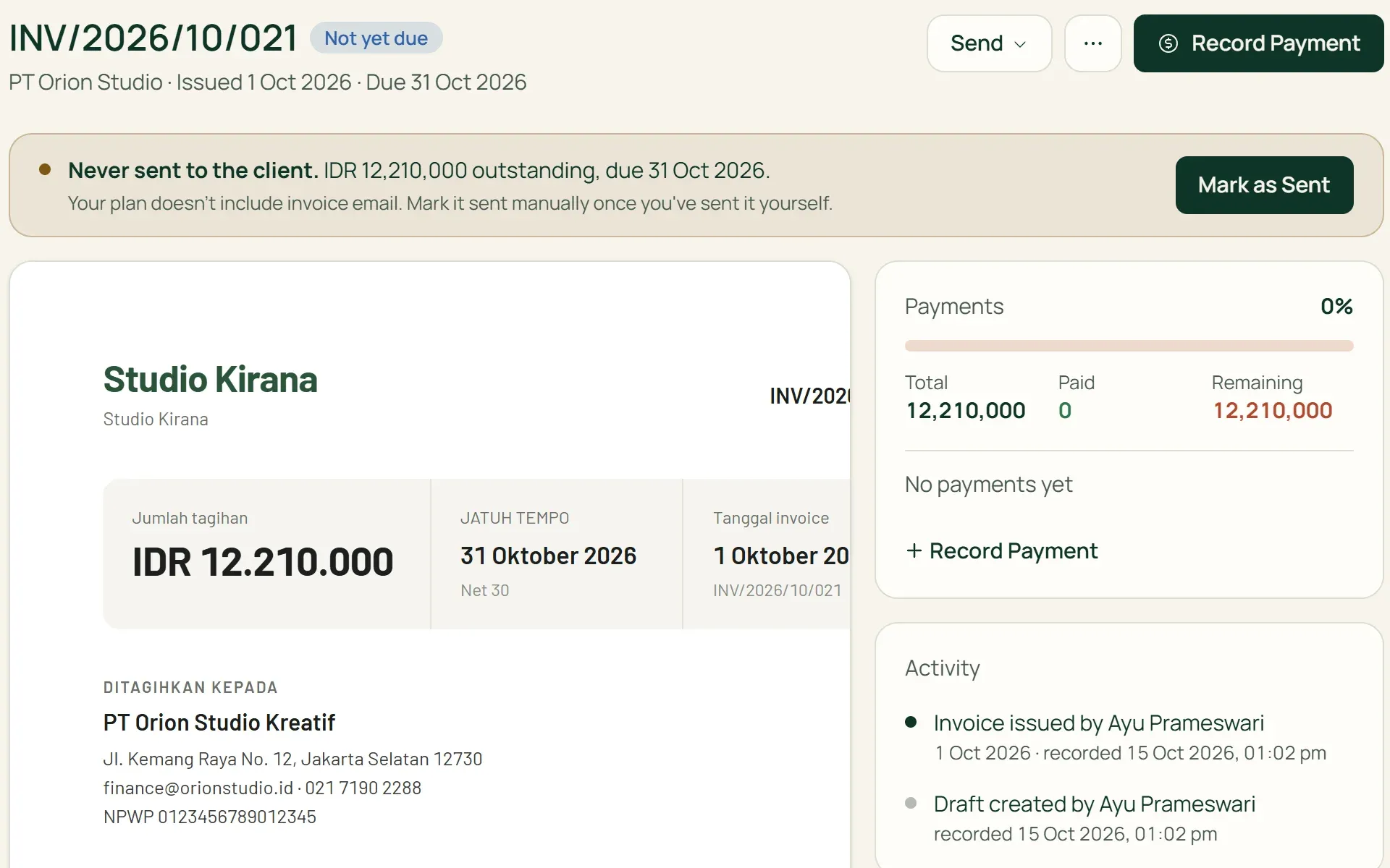 An issued invoice page in Tumra with the options Send Email or Mark as Sent.