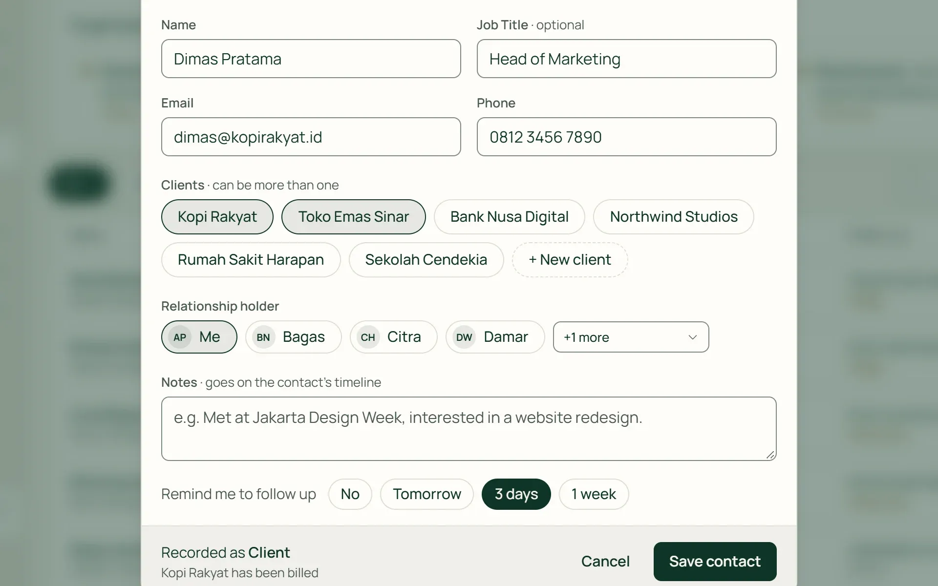 The new contact form in Tumra linking one person to two clients, with a follow-up reminder.