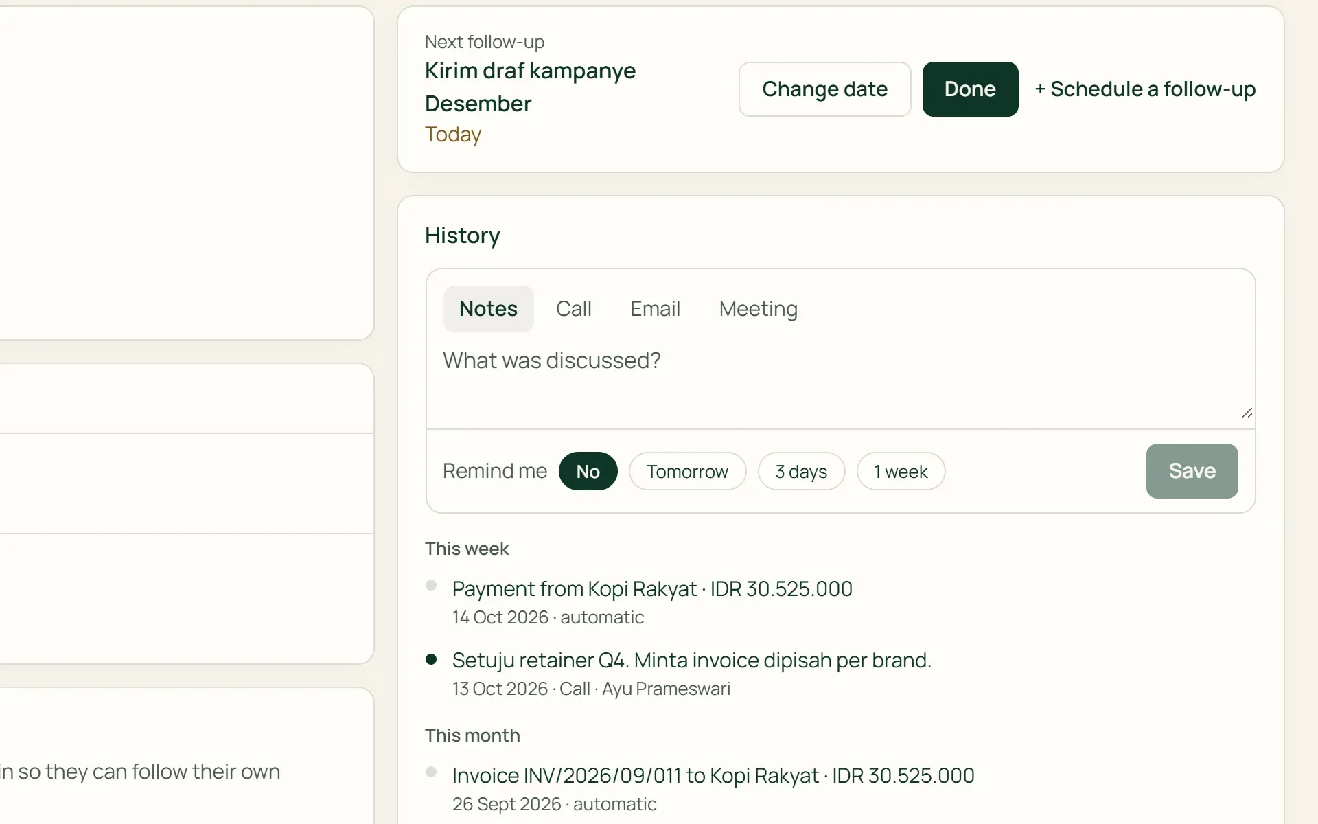 A contact’s history in Tumra: a call note, a sent invoice, and the client’s payment on one timeline.