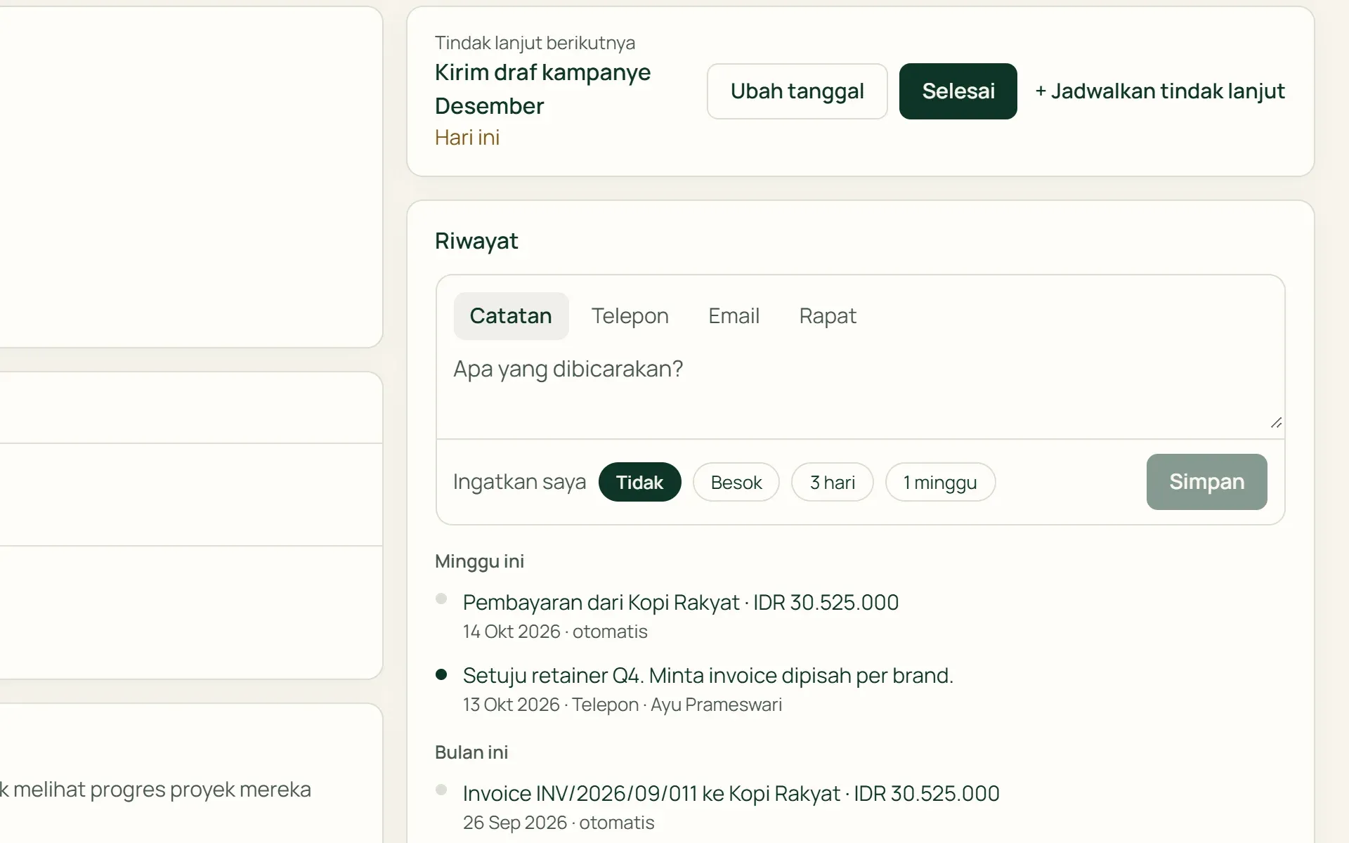 Riwayat kontak di Tumra: catatan telepon, invoice terkirim, dan pembayaran klien dalam satu linimasa.