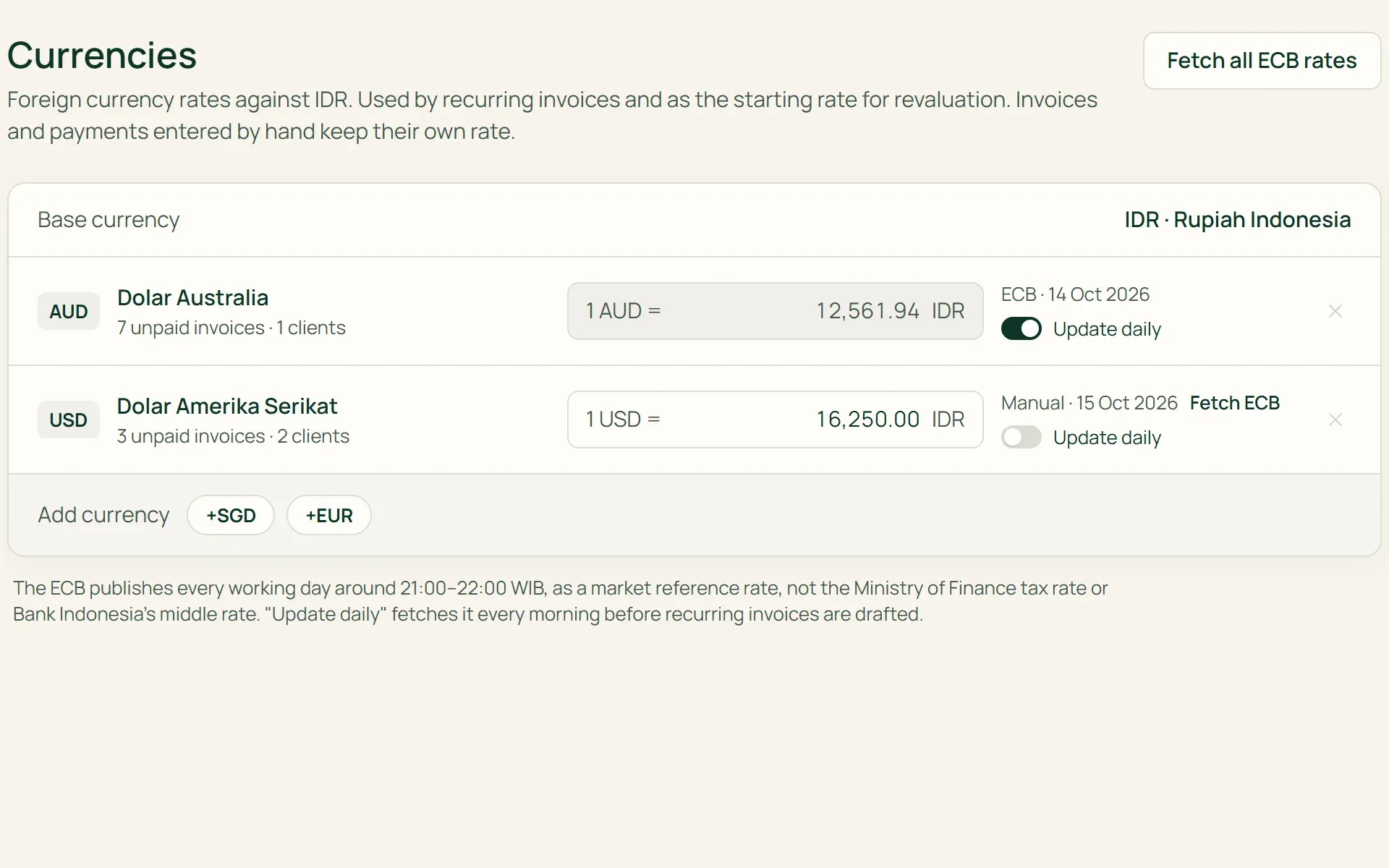 Currency settings in Tumra: an AUD rate from the ECB and a USD rate entered by hand.