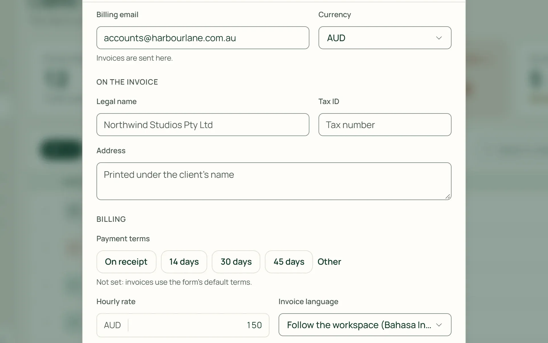 The new client form in Tumra with AUD as the currency and an hourly rate in Australian dollars.
